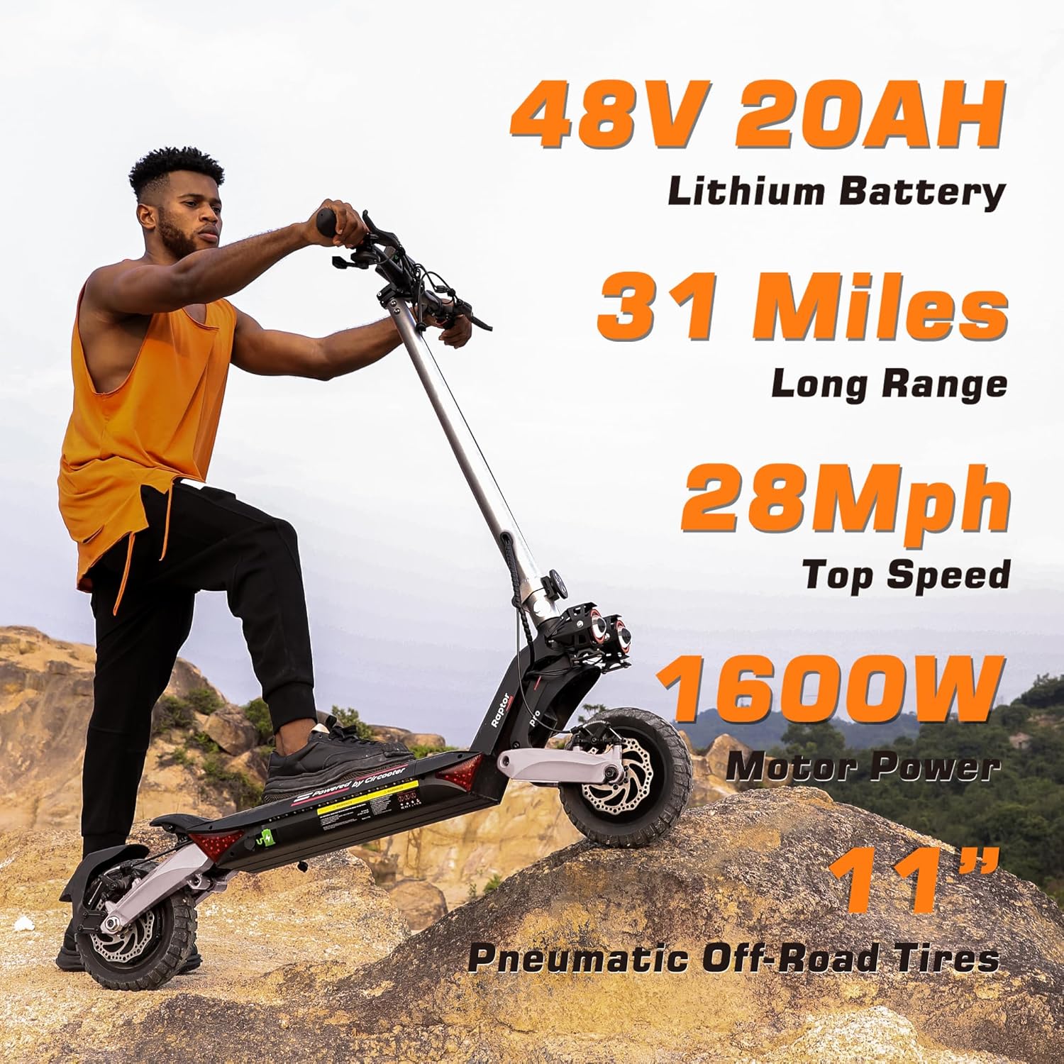 Circooter Raptor Pro specifications including 48V 20Ah Lithium Battery, 31 Miles Long Range, 28Mph Top Speed, 1600W Motor Power, and 11 inch Pneumatic Off-Road Tires.