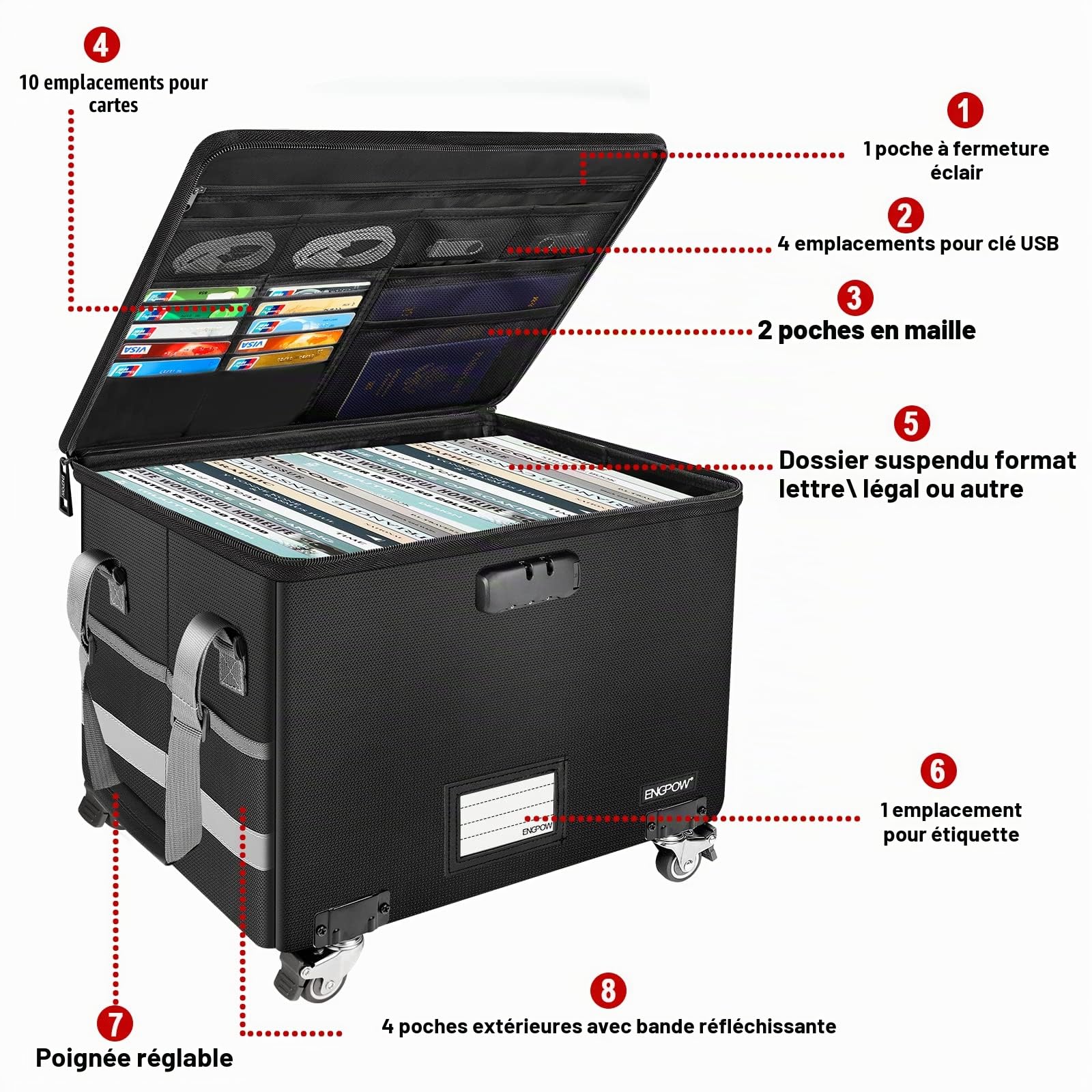 ENGPOW Boîte de rangement pour documents à roulettes ignifuge | boîte de rangement pliable avec couvercle,armoire de classement,le bureau,coffre-fort pour lettres,certificat,contrat