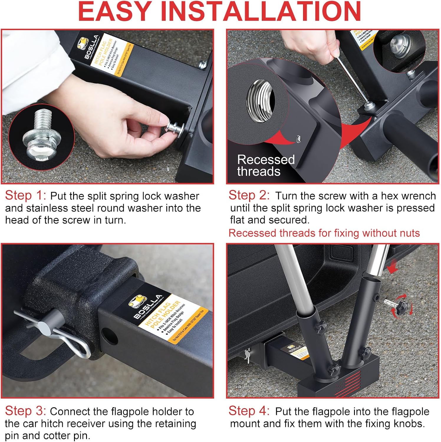 Boslla Hitch Mount Dual Flag Pole Holder Universal for Standard 2 inch Hitch Receivers - Compatible with Jeep, Truck, SUV, RV, Pickup, Camper Trailer, with Anti-Wobble Screw - Image 6