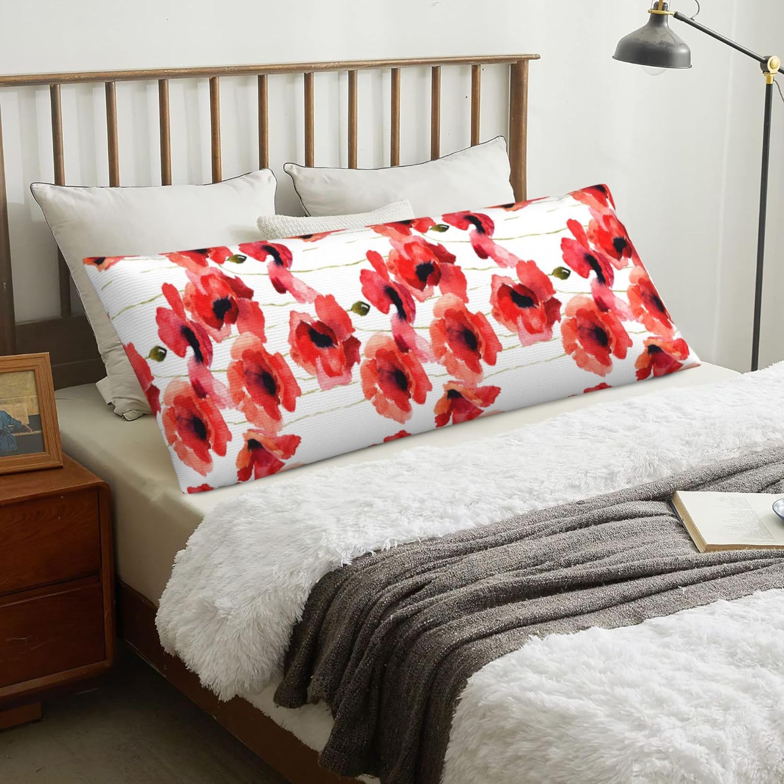 Watercolor Poppies, Body Pillow Cover with Zipper,Long Body Pillowcase 20 x 60 in