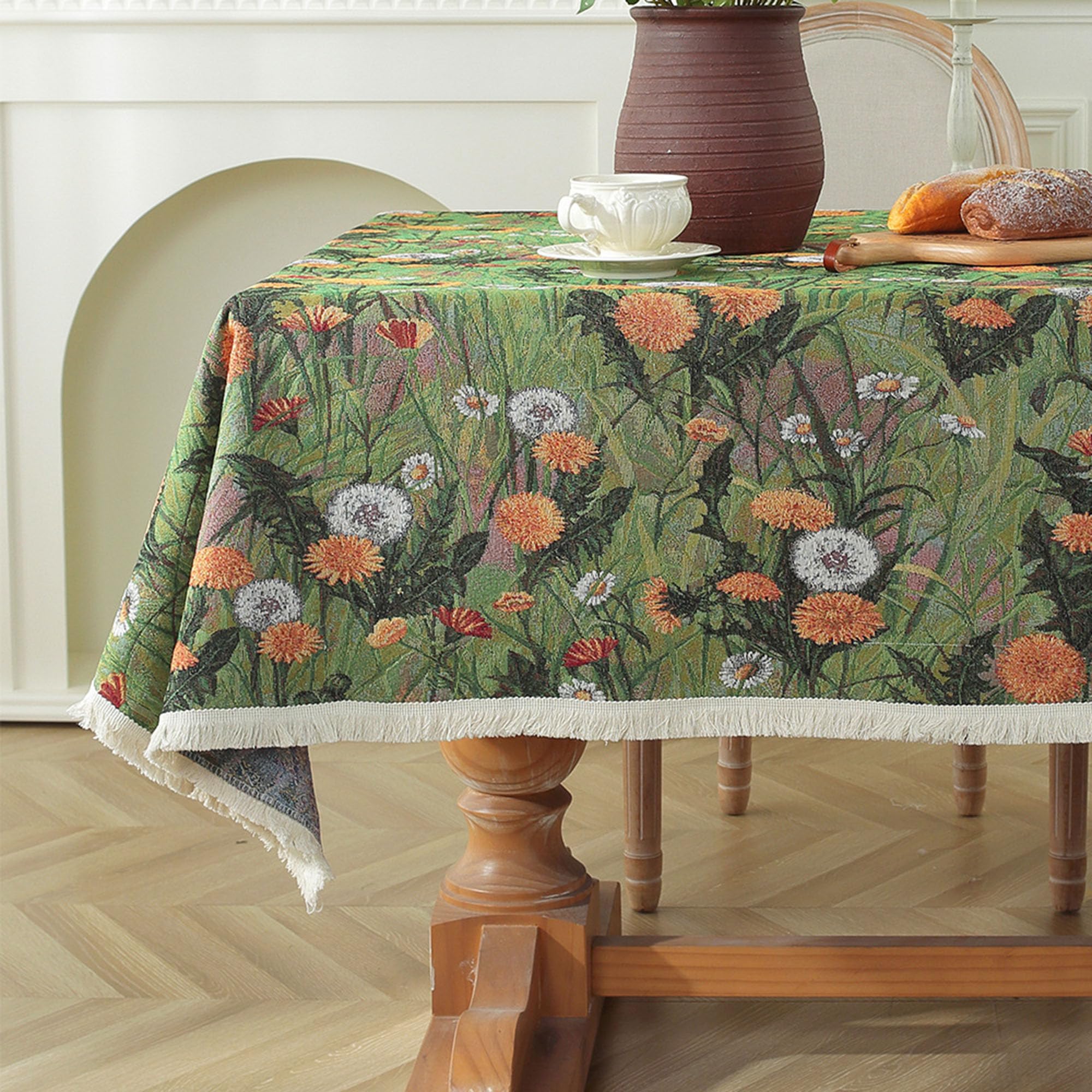 Xieminle Style1 Tablecloths Rectangular Washable, Stain Resistant Polyester Fabric Tablecloth, Anti-Wrinkle Tassel Table Cloths, Table Cover For Dining, Family Gatherings (180X140cm,)