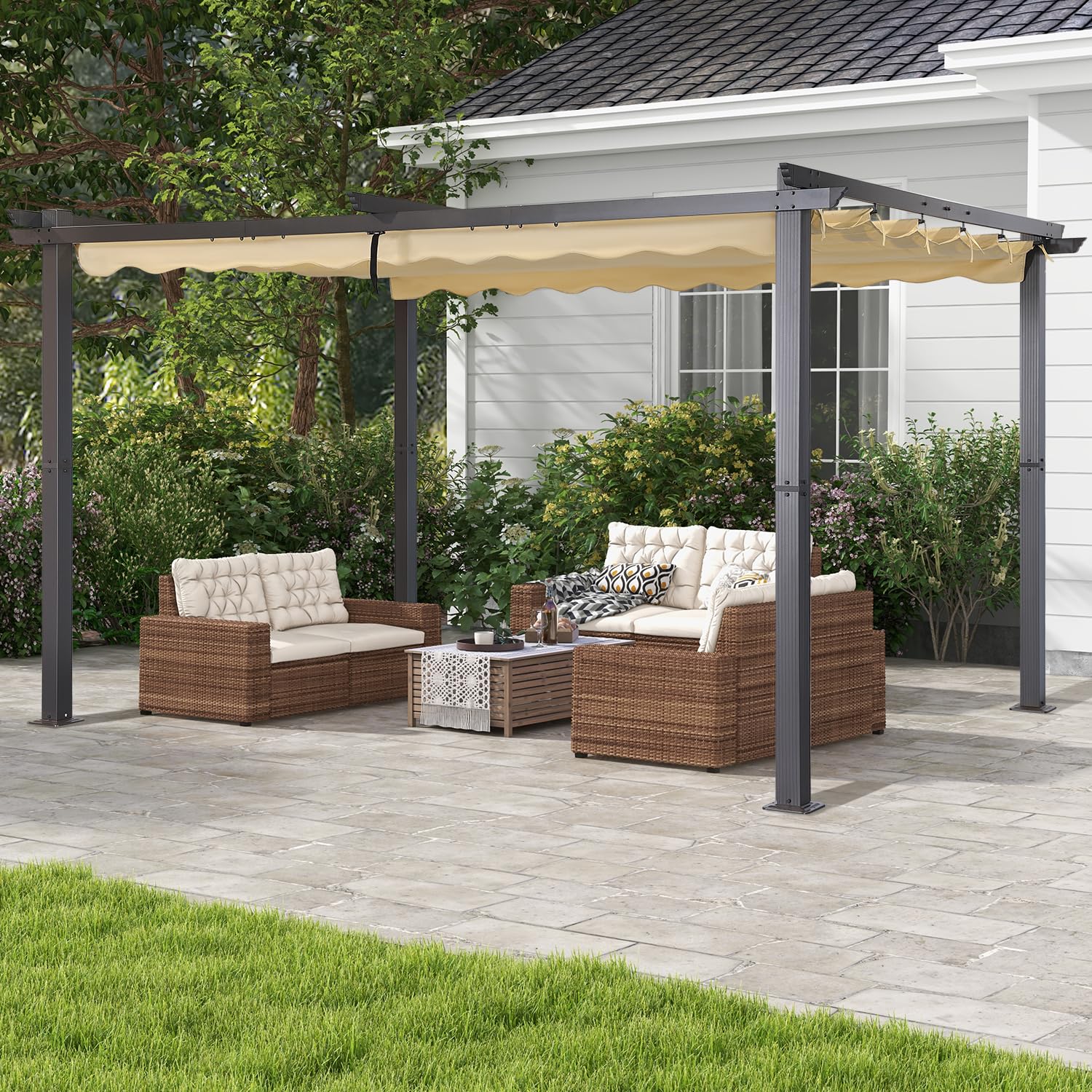 Angel Living Pergola en Aluminium, 4x3M, Coulissante Rétractable, Tissu en Polyester Haute Densité Hydrofuge et Résistant aux UV, Abri Soleil Pavillon de Jardin pour Jardin Terrasse, Beige