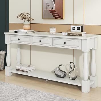 Quarte 64" Console Table, Long Extra-Thick Solid Wood Sofa Table with Different Size Drawers/Open Countertop/Bottom Shelf, Mediterranean Style Entryway Table for Living Room