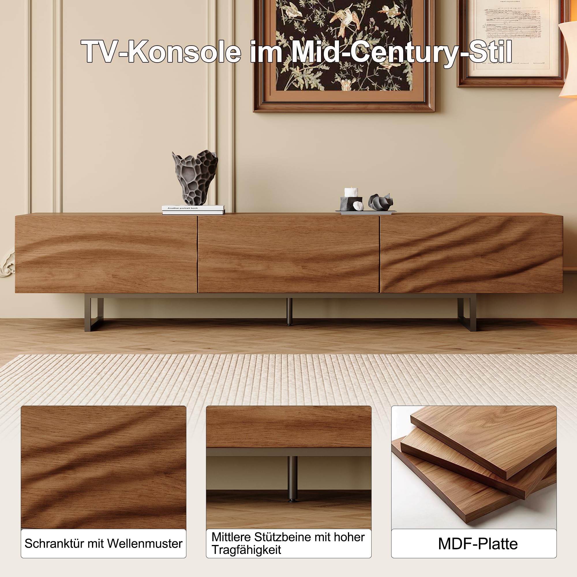 KAANAA TV-Schrank 210 cm, TV Lowboard für TVs ab 75 Zoll, Nussoptik | 210 cm Breite, Für TVs ab 75 Zoll, 3 Schubladen, Offene Fächer, Wellenfront, Nussoptik, Mid-Century Design
