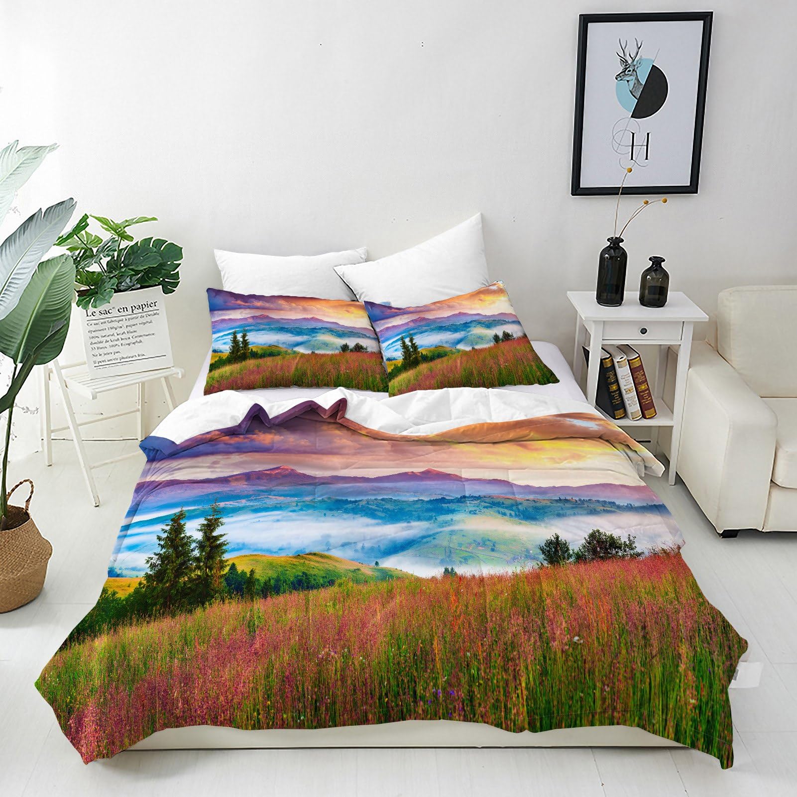 ANHOPE Scenery Duvet Cover Set 3 Piece Bedding Set with 2 Pillowcases Nature Foggy Sunrise Mountain 3D Printed Pattern Soft Breathable Microfibre Quilt Cover with Zipper Closure Double