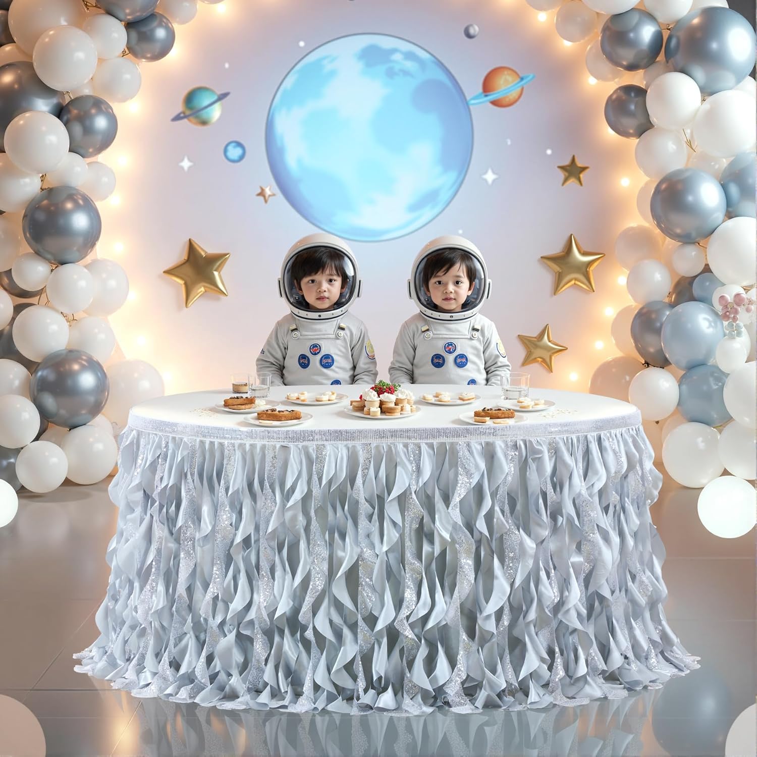 14Ft Silver Sequin Table Skirt for Rectangle or Round Tables,Curly Willow Tutu Ruffle Table Cloth,Sequin Desk Skirt for Birthday,Part,Banquet,Wedding,Baby Shower,Retirement Party,Table Decorations