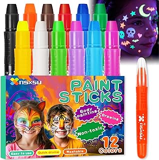 nsxsu Face Paint Sticks for Kids 12 Colors, Washable Face Painting Crayons for Children, Mess-Free Body Paint Pens Kit for Birthday Party Creative Play, Toddler Stocking Stuffers Halloween Makeup
