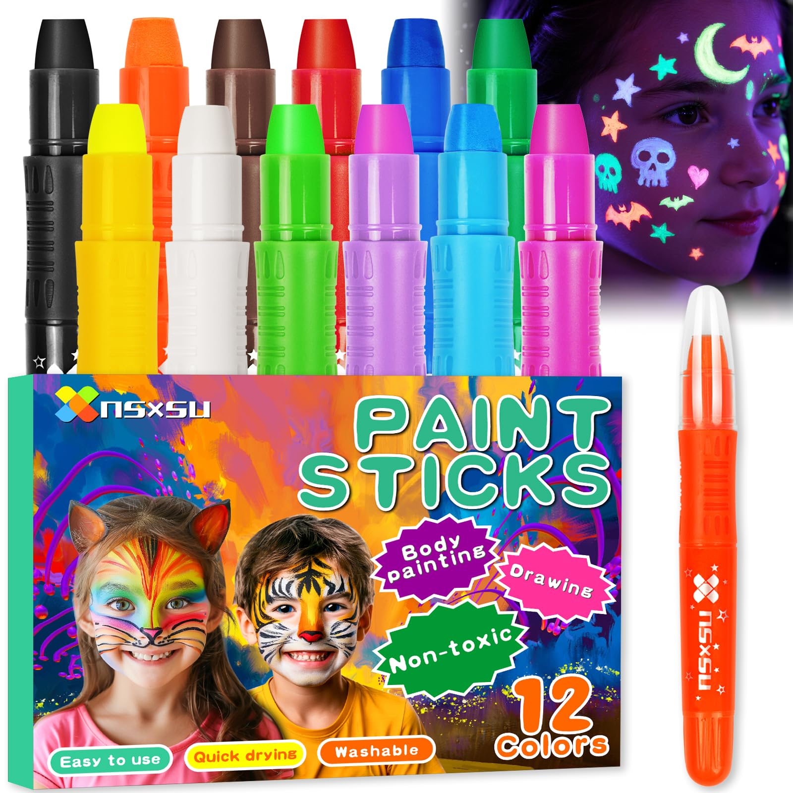nsxsu Face Paint Sticks for Kids 12 Colors, Washable Face Painting Crayons for Children, Mess-Free Body Paint Pens Kit for Birthday Party Creative Play, Toddler Stocking Stuffers Halloween Makeup