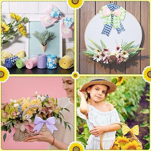 Miniatura 4 de 6 rollos de 30 yardas de cinta con borde de margaritas y flores, con alambre, a cuadros, patrón de ondas, tela decorativa de verano y primavera para