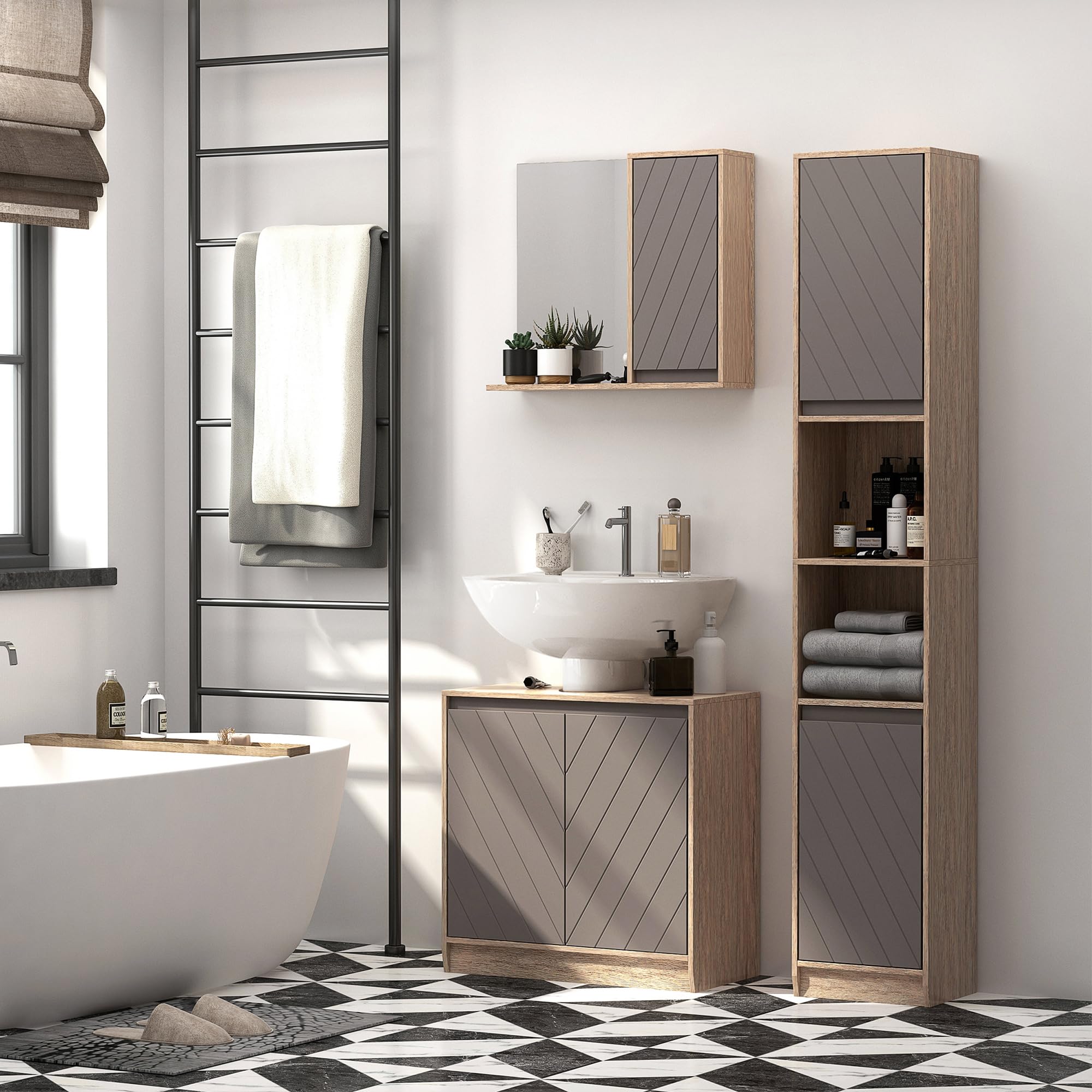 HOMCOM Ensemble de Meuble sous lavabo, Armoire avec Miroir et Meuble Colonne pour Salle de Bain en Bois chêne Clair Gris