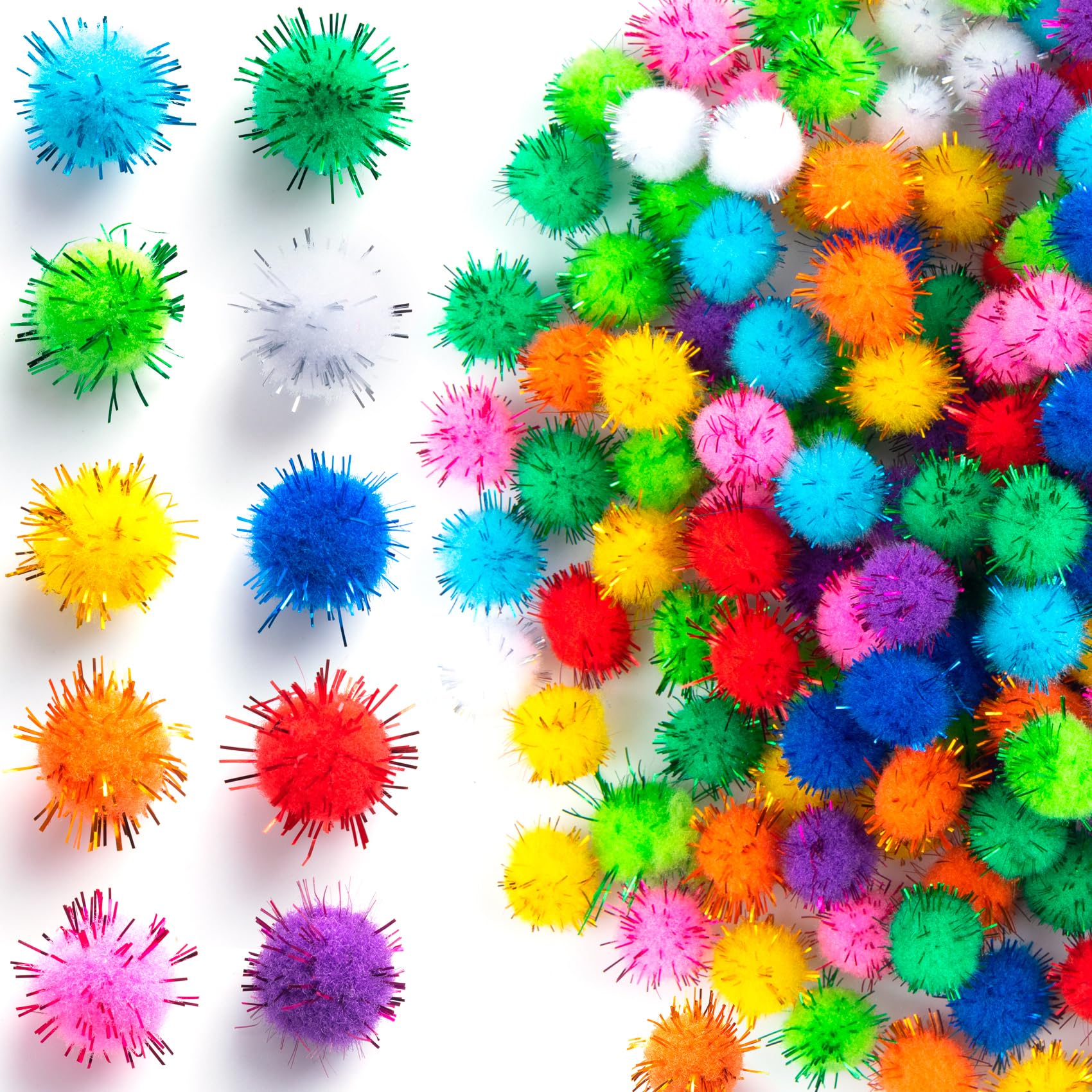 Deozu 200 Pcs Glitter Pom Pom Balls, Assorted Fluffy Craft Pompoms, Multicolor Sparkle Pom Poms, Soft Pompoms for Crafts, Art Decorations (0.59")