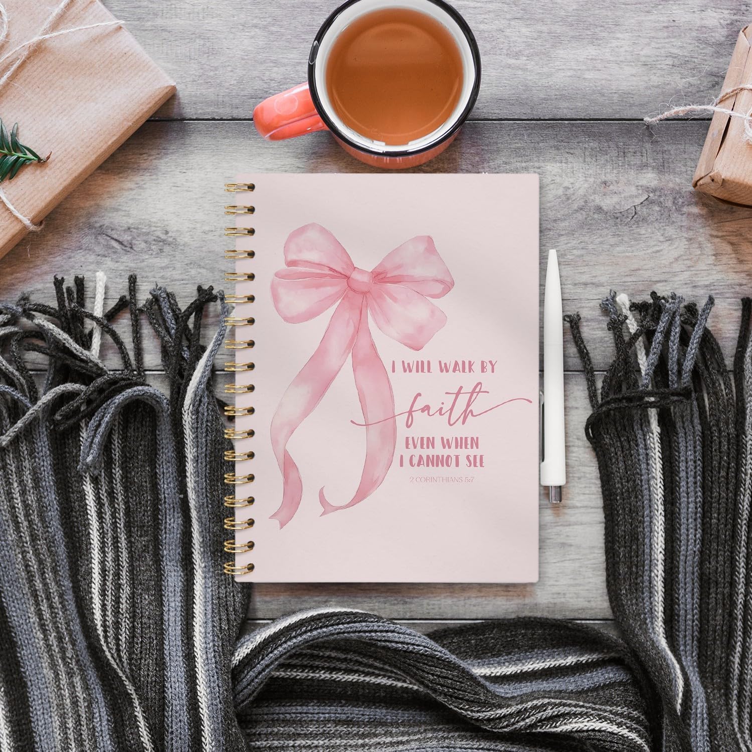 2 Corinthians 5:7 Bible Verse Lined Notebook Hardcover, Girly Preppy Bow Religious College Ruled Notebook Journal image 3