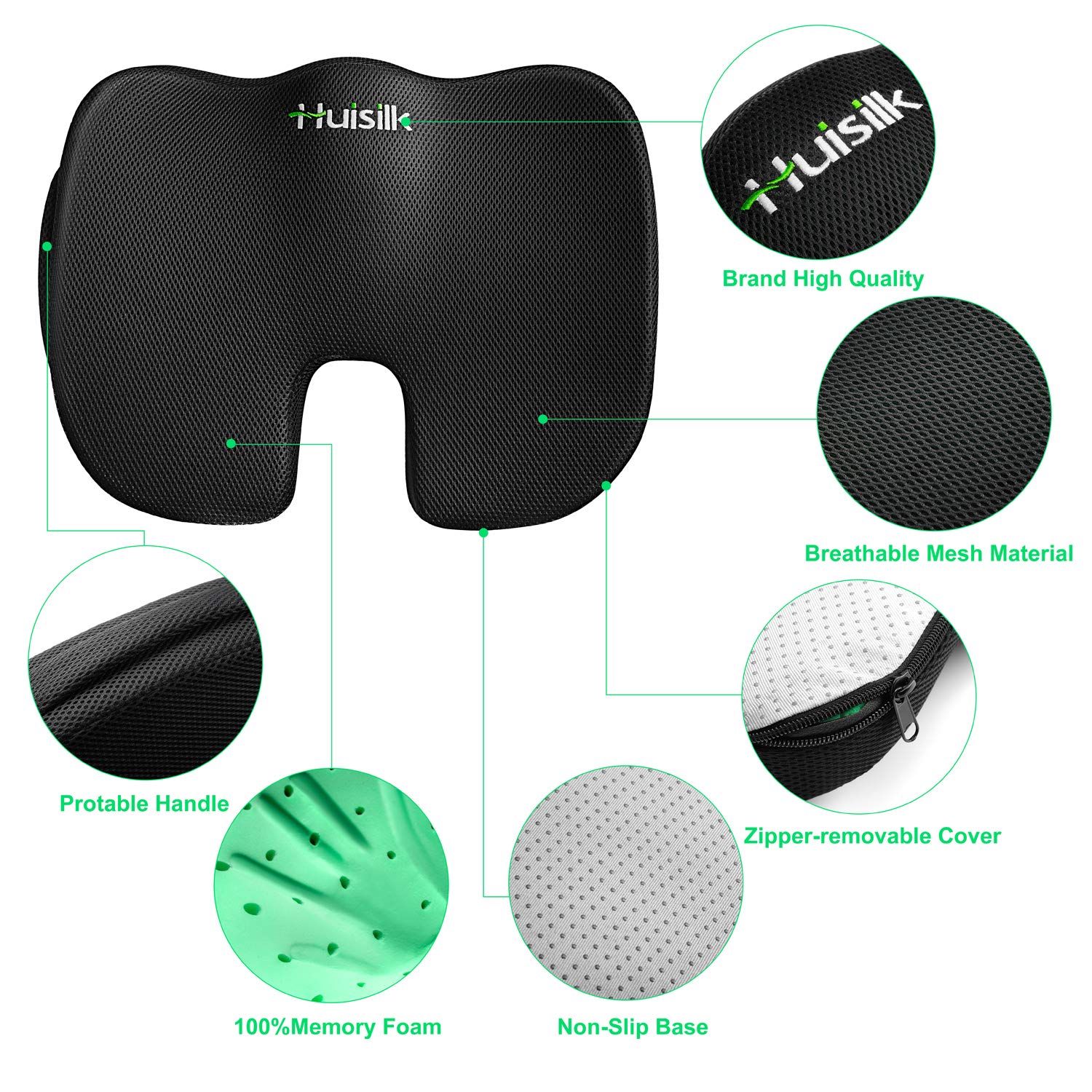 Focenat Cuscino Sedia Ufficio, Cuscino Ergonomico Memory Foam, Cuscino Ortopedico Seduta per Coccige, Allevia Sciatica e Dolori Lombari, Fodera Lavabile Antiscivolo, per Ufficio Casa Auto (Nero