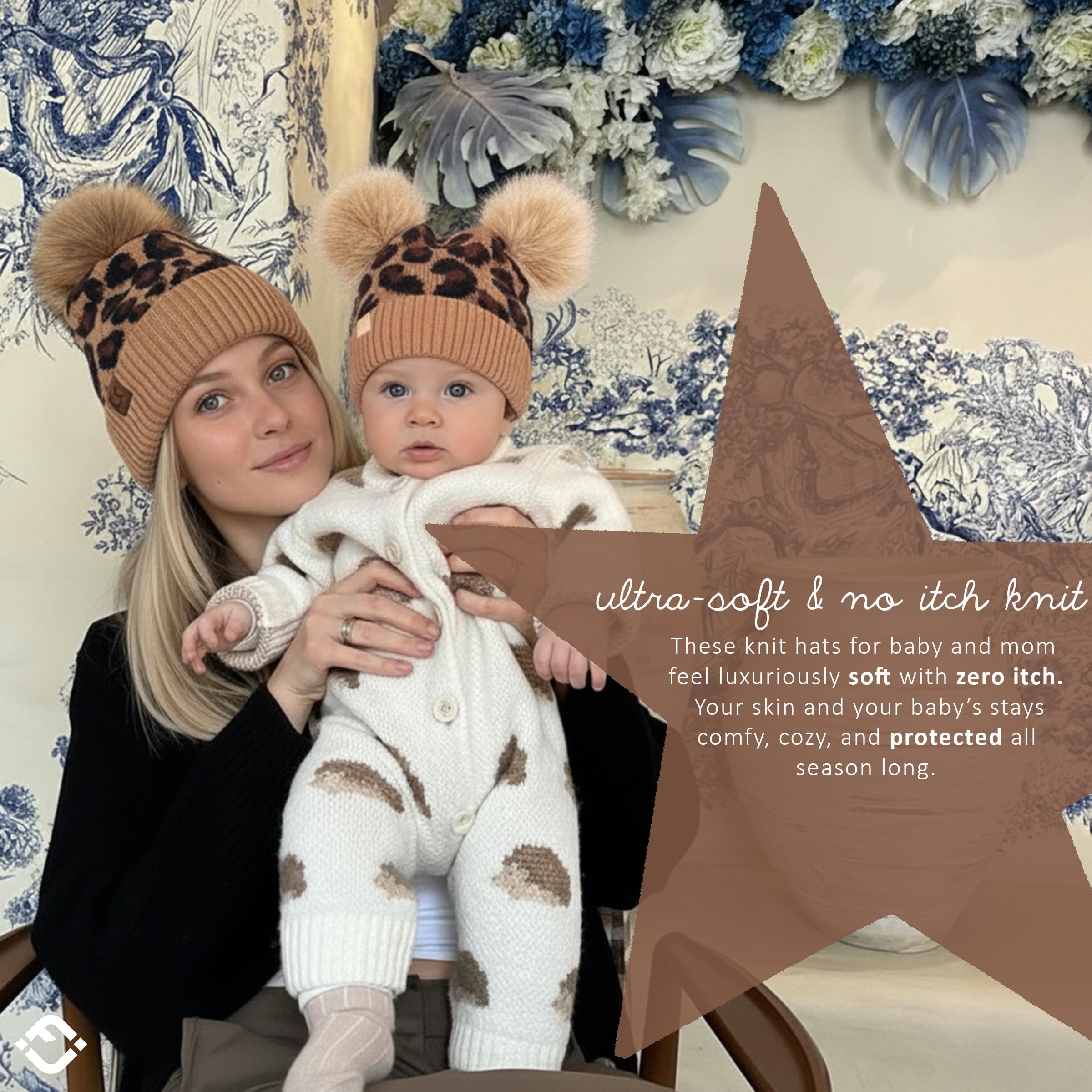 Funky Junque Gorros de invierno suaves y cálidos para adultos, a juego con pompones, Leopard Latte (paquete de 2) - 1 adulto, 1 bebé (0-12 meses), talla única