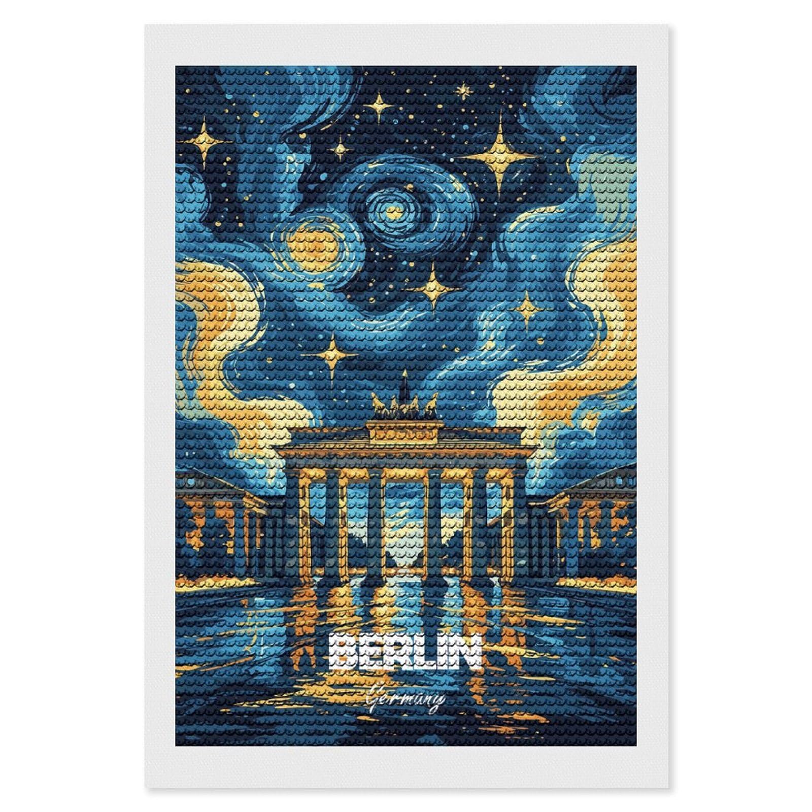 Junmoney Berlin Germany Starry Night Art(2) 5D Diamond Painting Kit 8"x12", Relaxing DIY, Mindful Craft Project, Full Kit Included, Thoughtful Present