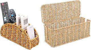 Stylish Rattan Desk Organizer Set: Cable Management Box and 5-Slot Remote Control Caddy for Home Office