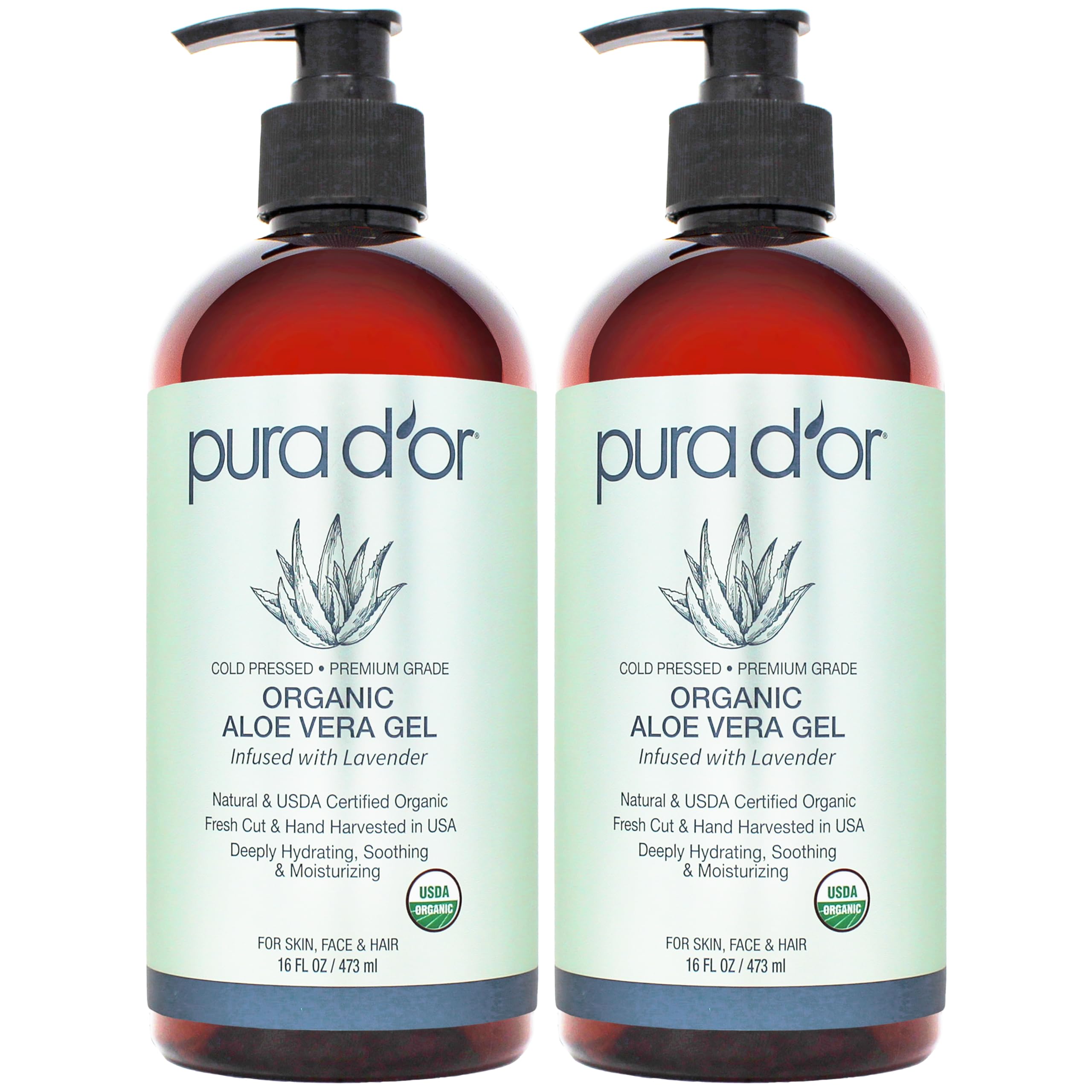 PURA D'OR ORGANIC Aloe Vera Gel Lavender (16 Oz X 2) All Natural - ZERO Artificial Preservatives - Deeply Hydrating & Moisturizing - Sunburn, Bug