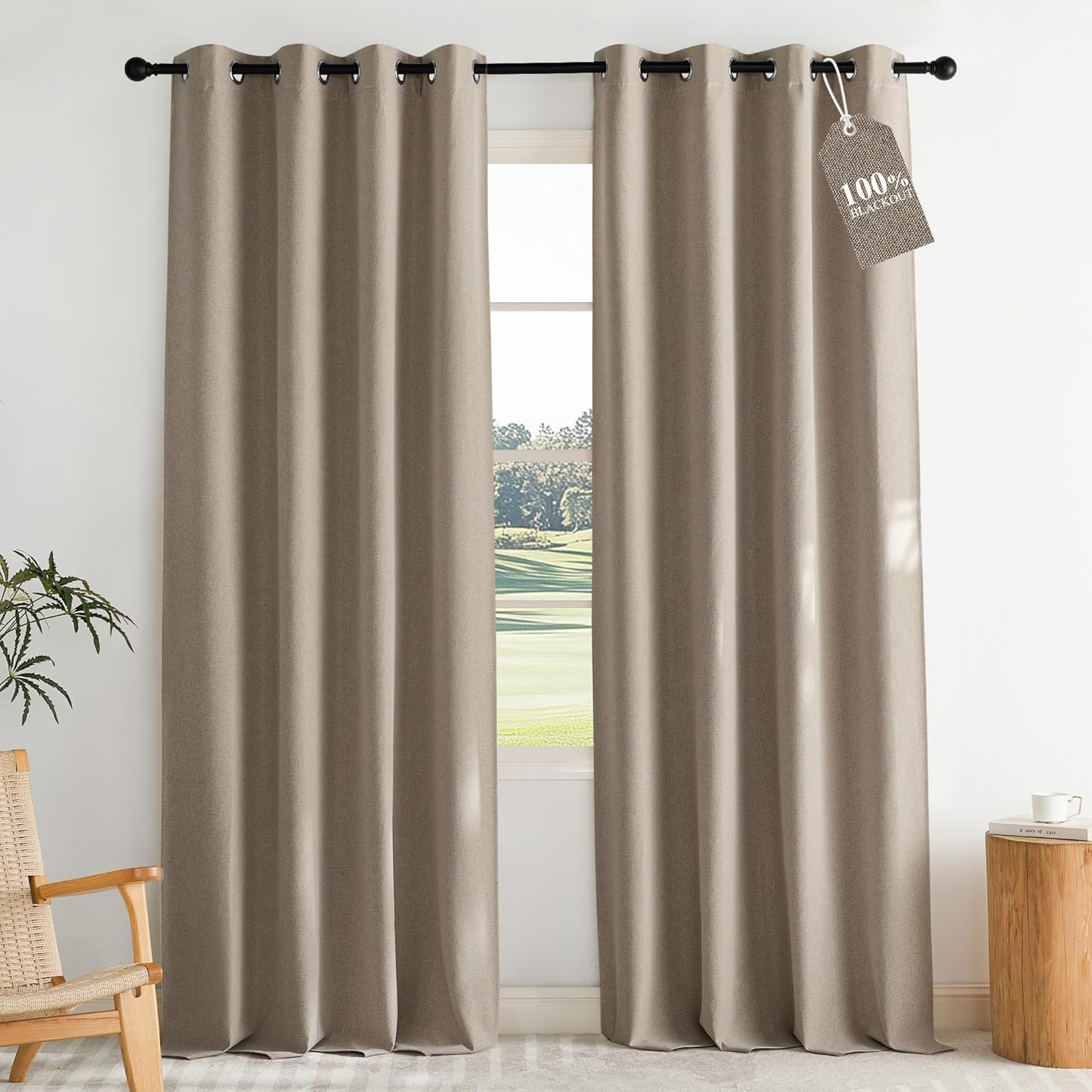 NICETOWN Vintage Faux Linen Weave Flax Thermal Curtains for Living Room, W52 x L96 in Per Panel, Set of 2, 100% Blackout Curtains for Bedroom, Window Treatments for Night Shift Workers, Taupe