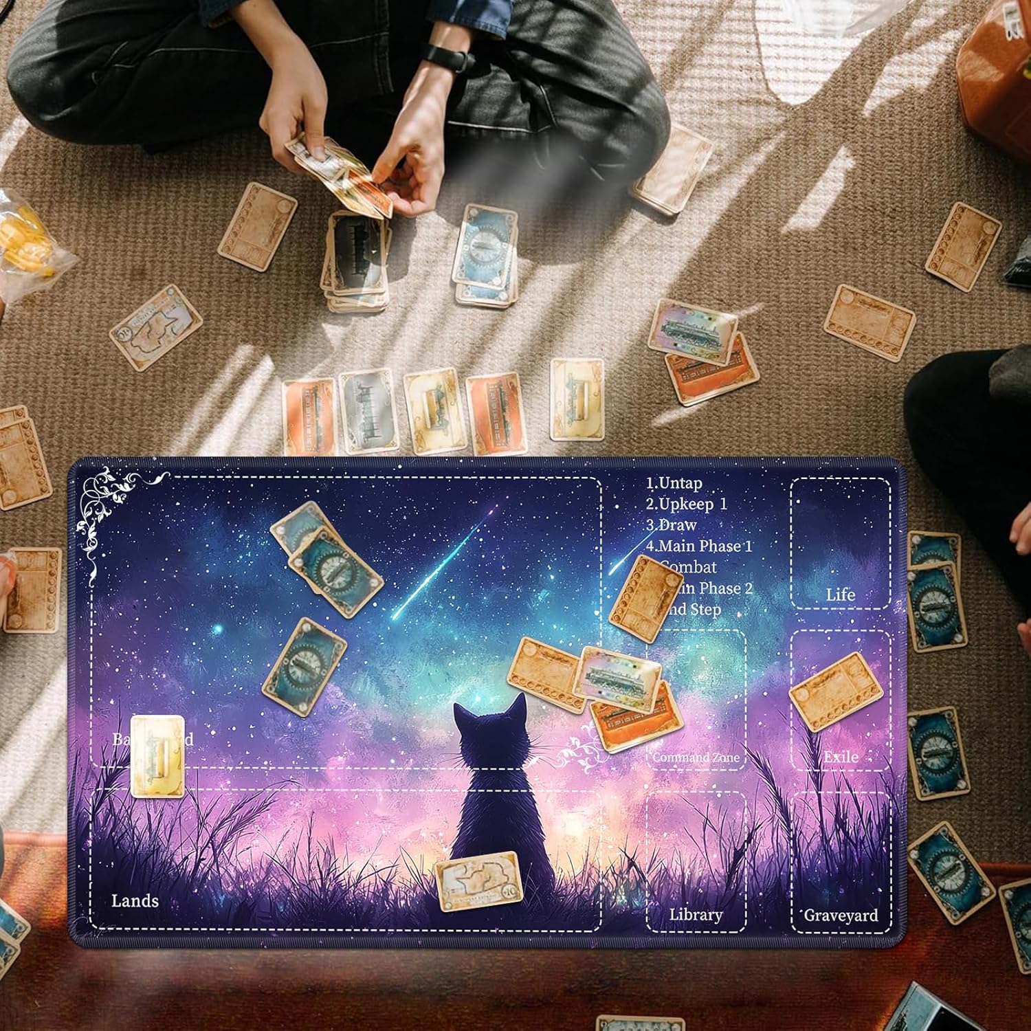 Playmat for MTG with Zones & Storage Bags,Game Mat 27.5 x 15.7 inches,TCG and Board Game Mat for Cards,Mousepad Desk Mats-Starry Cat