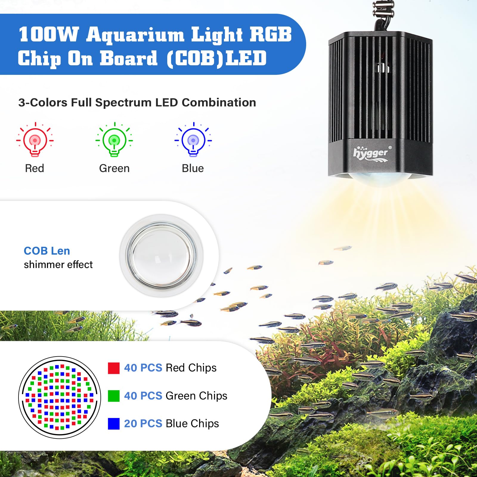 Hygger Clip-On LED-Aquariumbeleuchtung - 100W Vollspektrum RGB Wachstumslampe Mit Montagehalterung für Anspruchsvolle Wasserpflanzen