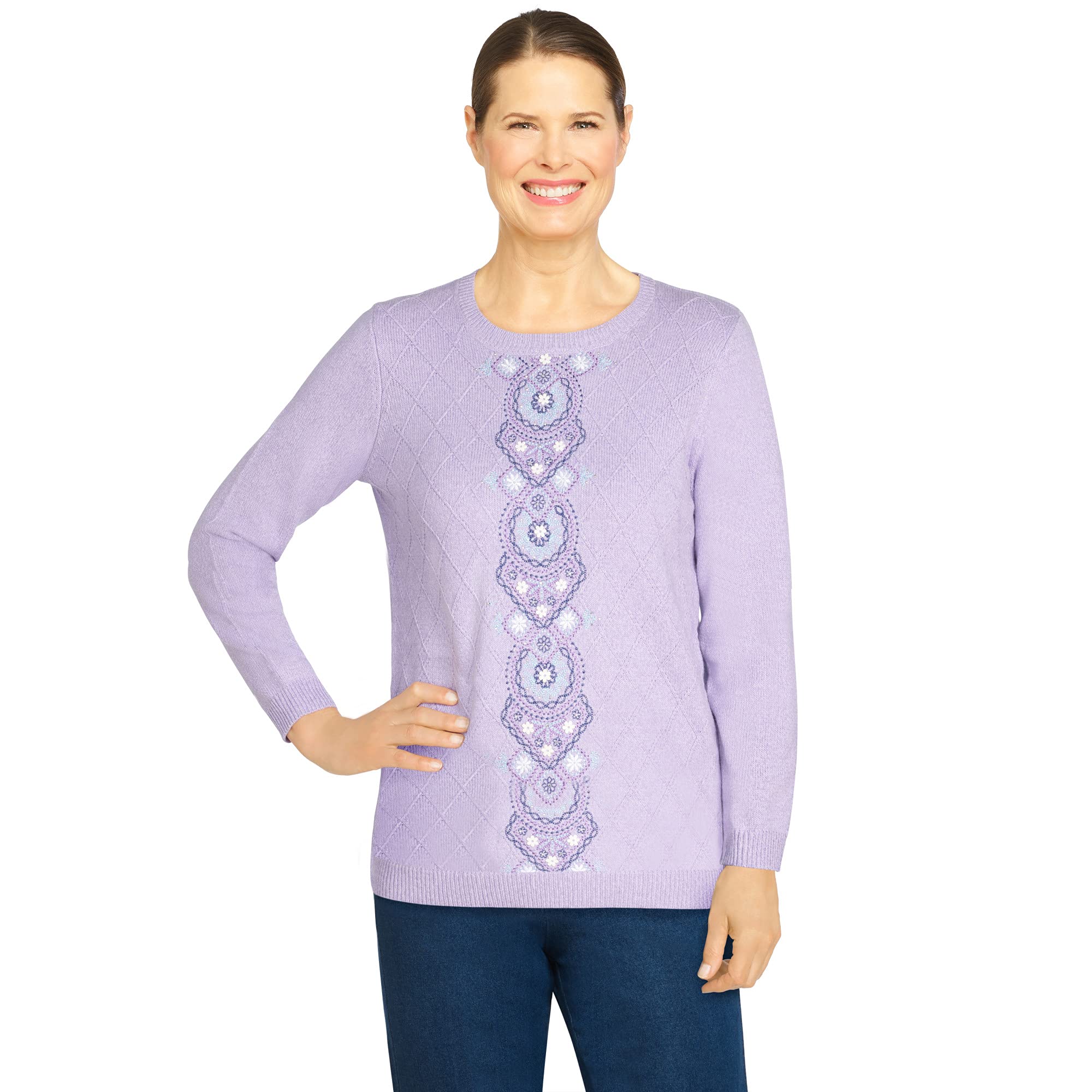 Alfred Dunner Women's Petite Casual Center Embroidery Sweater Size PL Lilac
