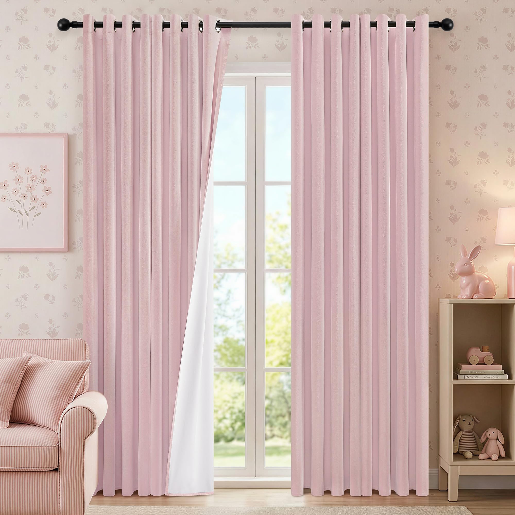 Best Baisite Pink Blackout Curtains for Girls Bedroom 84 Inch Drop Linen Look Thermal Soundproof Eyelet Curtains Black Out Curtains with Coating Back for Nursery Kids Room, One Pair, Pink, 52"W x 84"L