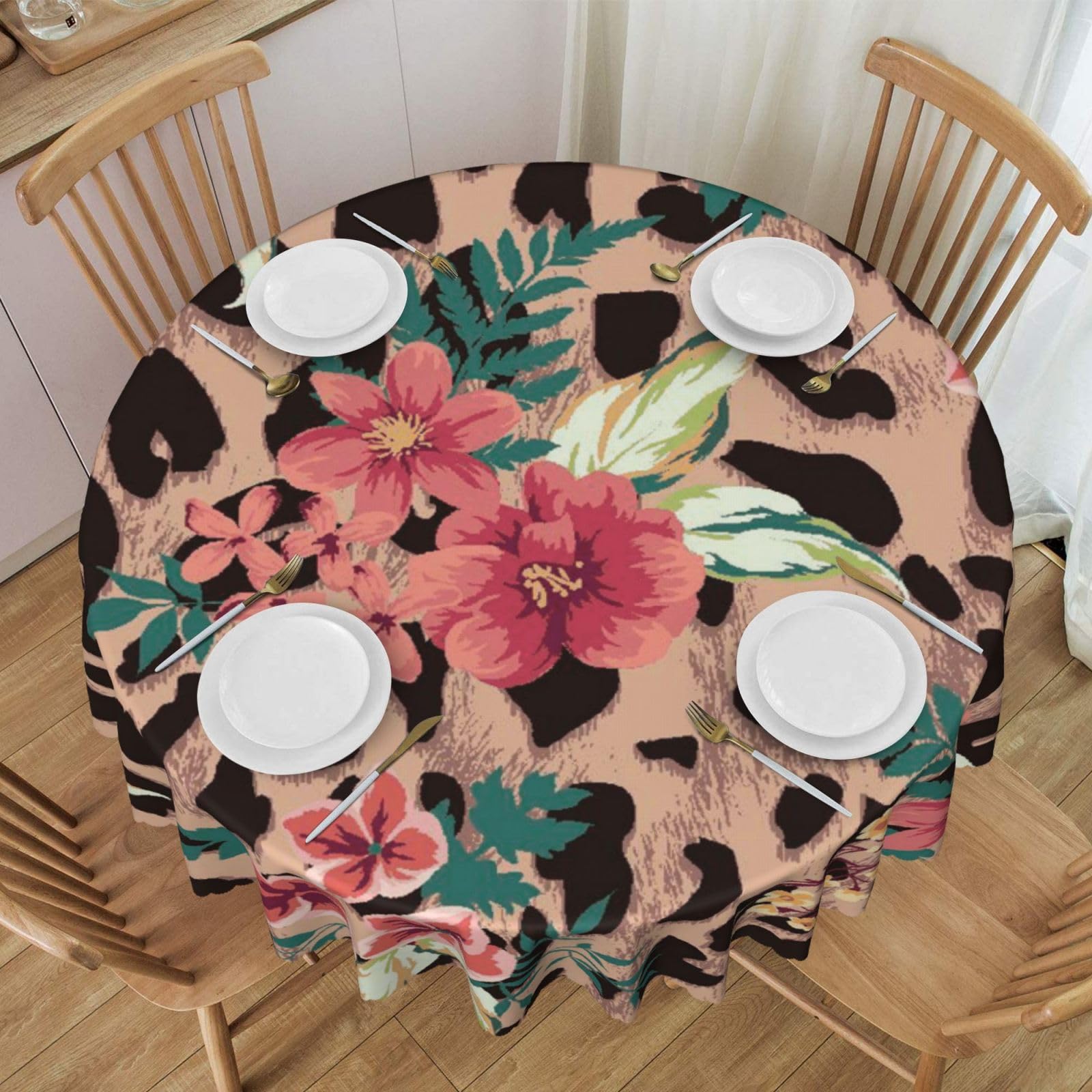DCEHGEW 60 In Round Tablecloth with Lace, Leopard Flower Printed Oilproof & Washable Fabric Picnic Table Cloth Table Covers