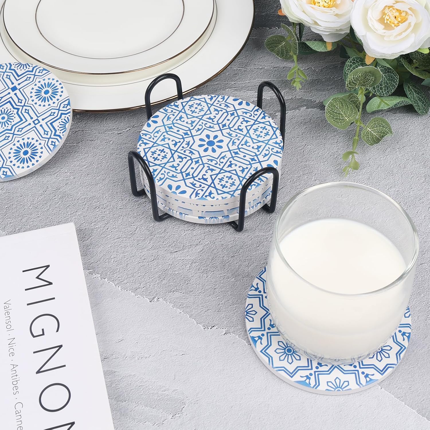 Coasters with Holder,Blue and White Style Ceramic Drink Coaster, Absorbent Coaster Sets of 6 for Tabletop Protection,Suitable for Kinds of Cups,Cool Home Decor, Wooden Table, 4.1 Inches - Image 6