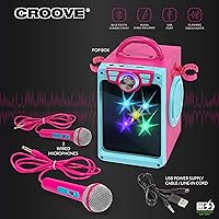 Vista 4 de Croove Rechargeable Karaoke Machine for Kids, Pink Portable Karaoke Set, Gift for Girl Speaker & 2 Microphones with Lyrics Display