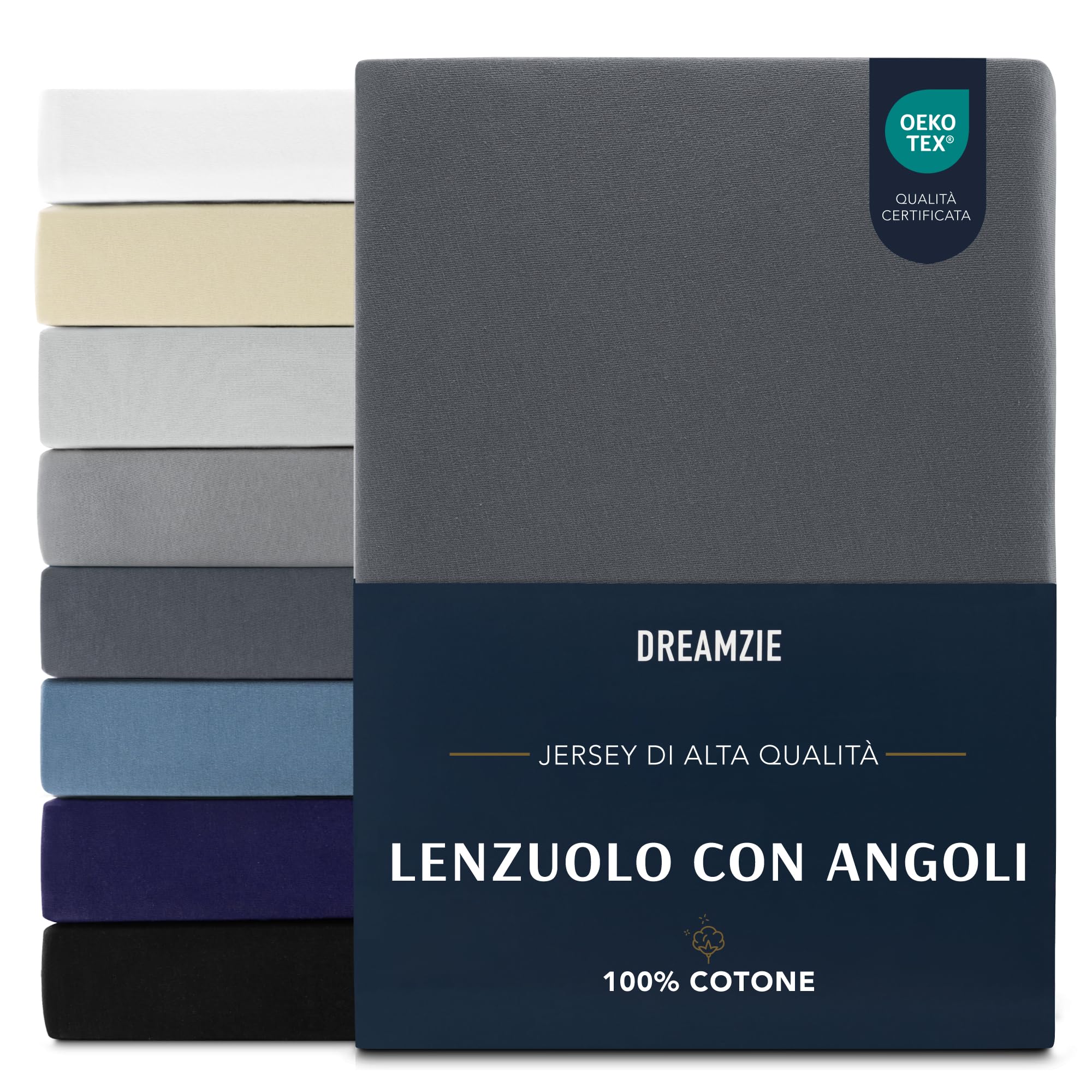 Dreamzie Lenzuola Letto Singolo Cotone 80x160 cm, Altezza Materasso fino a 12 cm - Lenzuolo Con Angoli Singolo - Grigio Scuro - Certificato senza Prodotti Chimici (Oeko TEX)