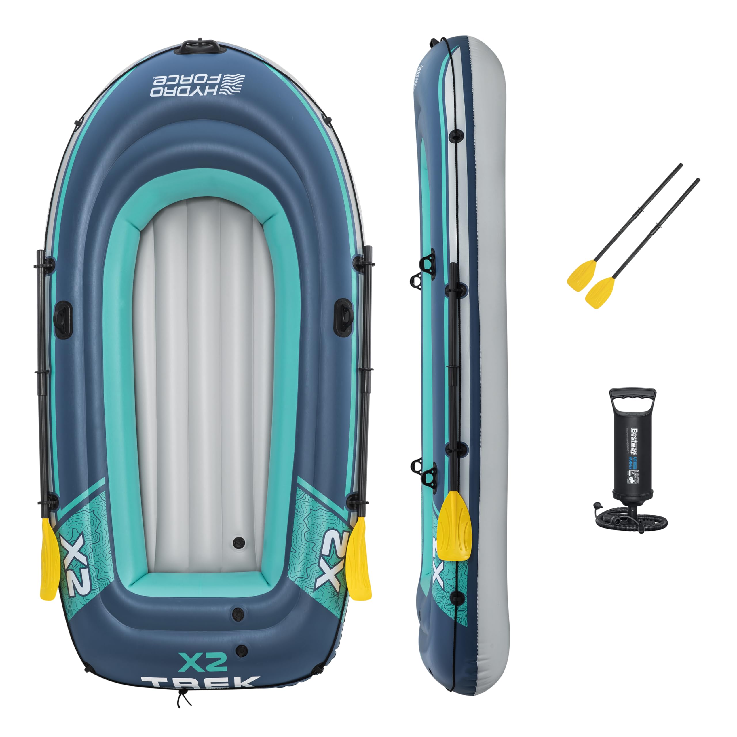 Bestway Hydro Force Schlauchboot-Set Trek X3, 294 x 137 x 39 cm, 2 Erwachsene, bis 360 kg, 3 Luftkammern, PVC, Ruderdollen, Tragegriff, Halteleine, aufblasbarer Boden, Pumpe, Ruder, GS-Zertifiziert