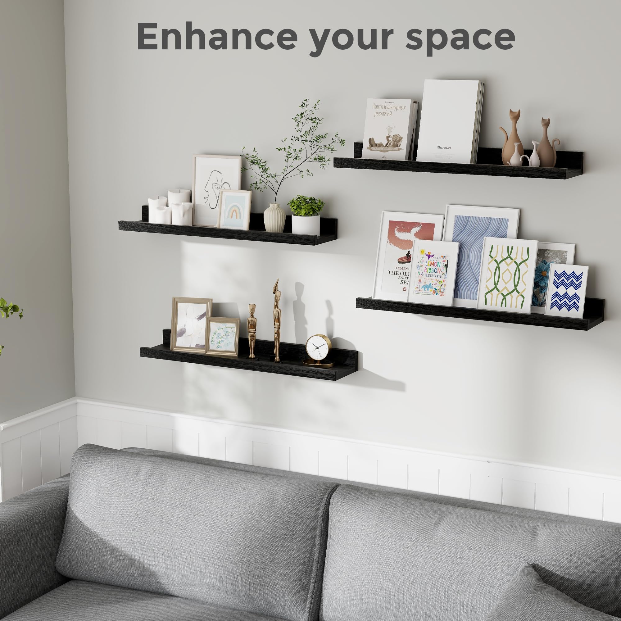 Fun Memories Black Floating Shelves with Lip for Wall, Rustic Wooden Picture Ledge Shelf 24 Inch, Nursery Book Shelf for Kids Room, Solid Wood Wall Shelf for Living Room, Bedroom, Set of 4