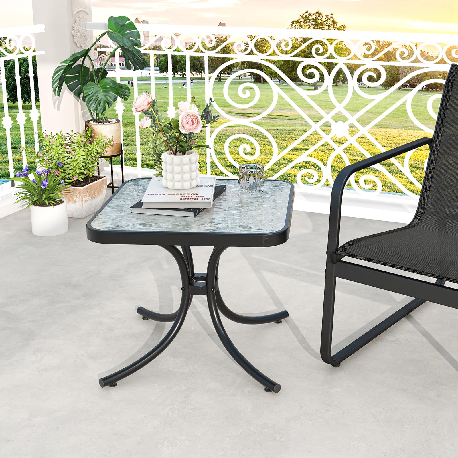 KOMFOTTEU Tavolo da giardino in vetro temperato, tavolino ausiliario con telaio in metallo, tavolo da pranzo quadrato per esterni e interni, tavolino da salotto per terreza, balcone, patio, 50 x 50 x