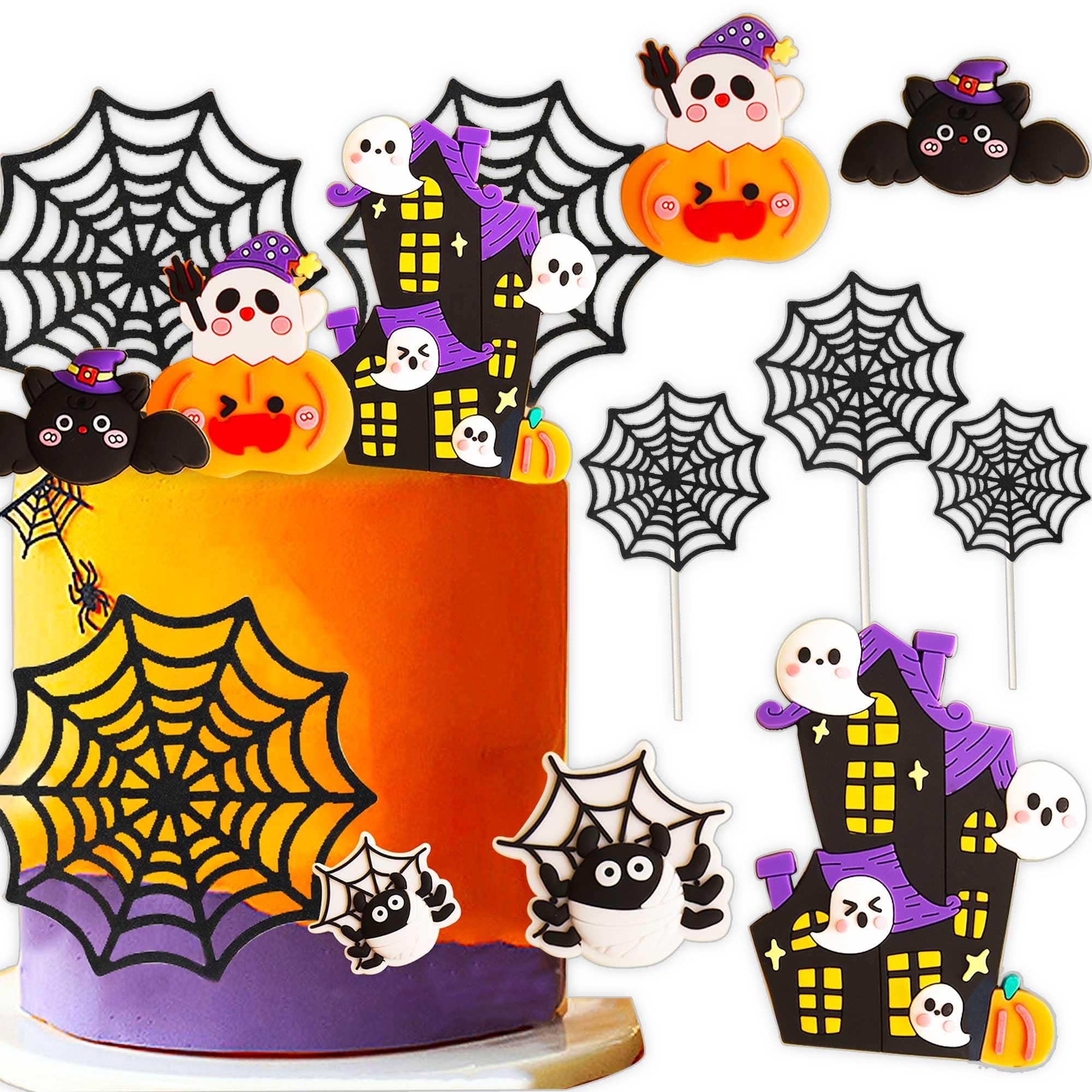 [LaVenty]ハロウィンのケーキトッパー 万聖節 悪魔カボチャのケーキトッパー 蜘蛛 クモ コウモリ バット 幽霊ケーキ飾り付け 化け物屋敷 ハロウィンのパーティーケーキ飾り物 デコレーション 黒い 紫色のハロウィンケーキ飾り付け HAPPY HALLOWEEN