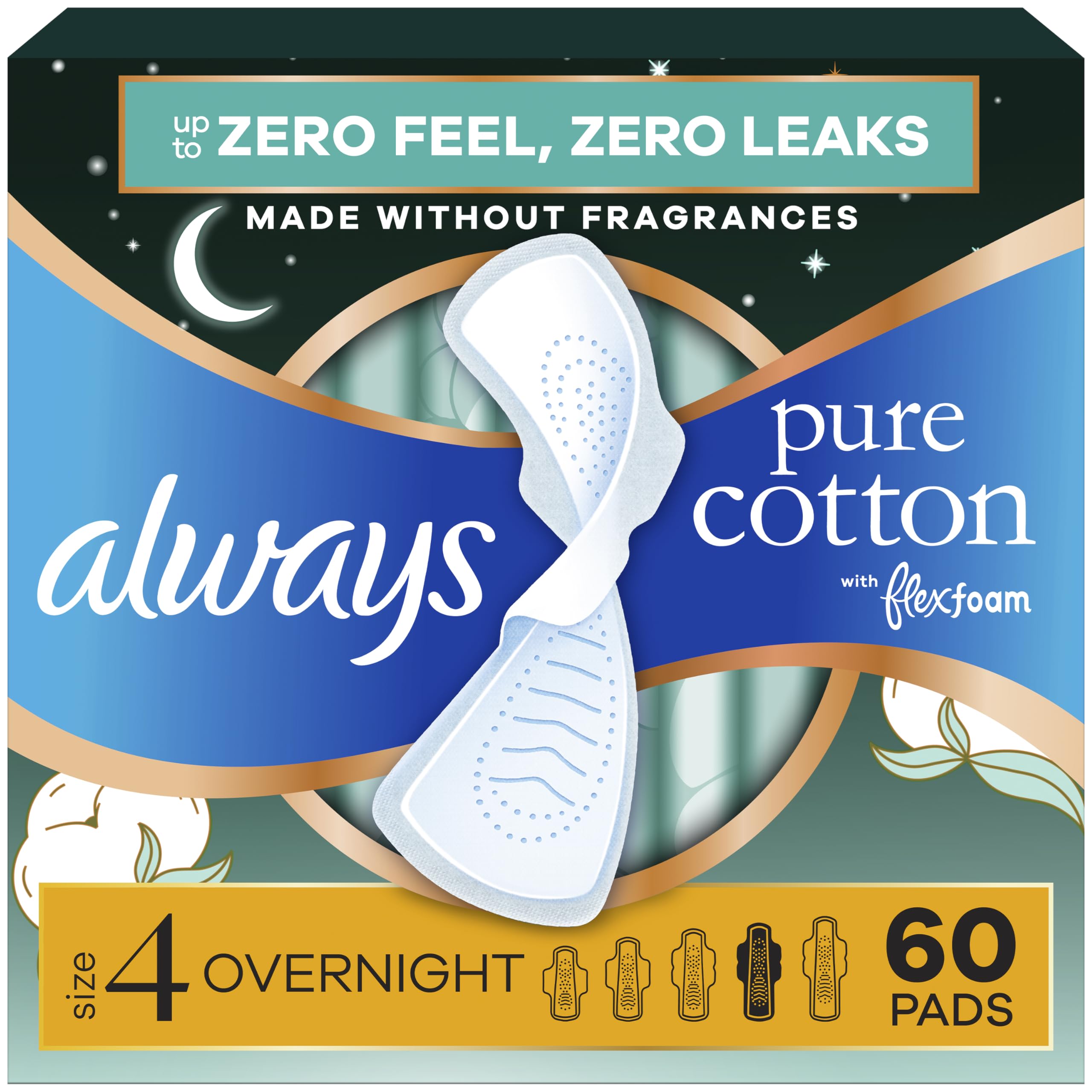 Always Pure Cotton Feminine Pads for Women, FlexFoam Pads with Wings, Size 4, Overnight Absorbency, Unscented, 60 Count (3 Packs of 20)