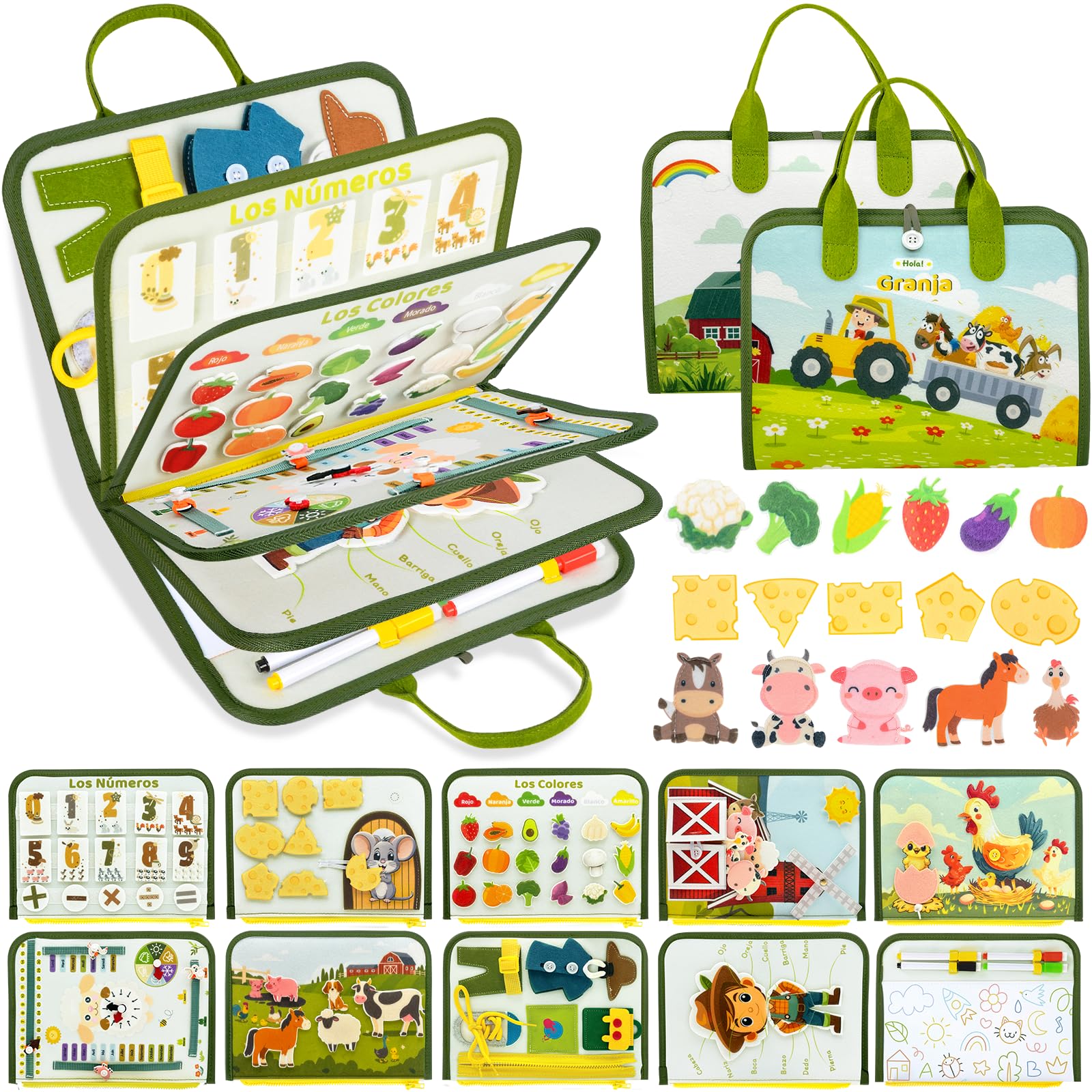 Español Busy Board Juguetes Montessori,10 en 1 Granja Tablero Sensorial Montessori,Motricidad Fina Juguetes Niños 1 2 3 4 Años,Juegos Educativos de Aprendizaje,Regalos Niños Niñas Cumpleaños Navidad