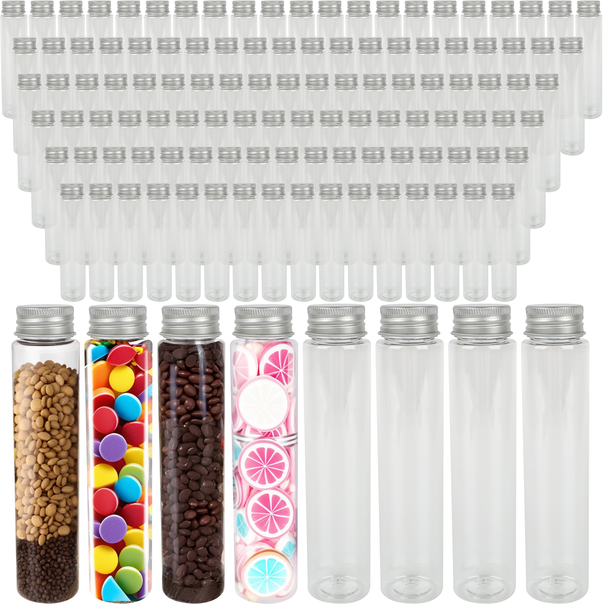120 tubos de ensayo planos de plástico de 110 ml, tubo de ensayo transparente con tapas de rosca, tubo de ensayo transparente para baño, sal de baño, caramelos, almacenamiento de caramelos, ciencia