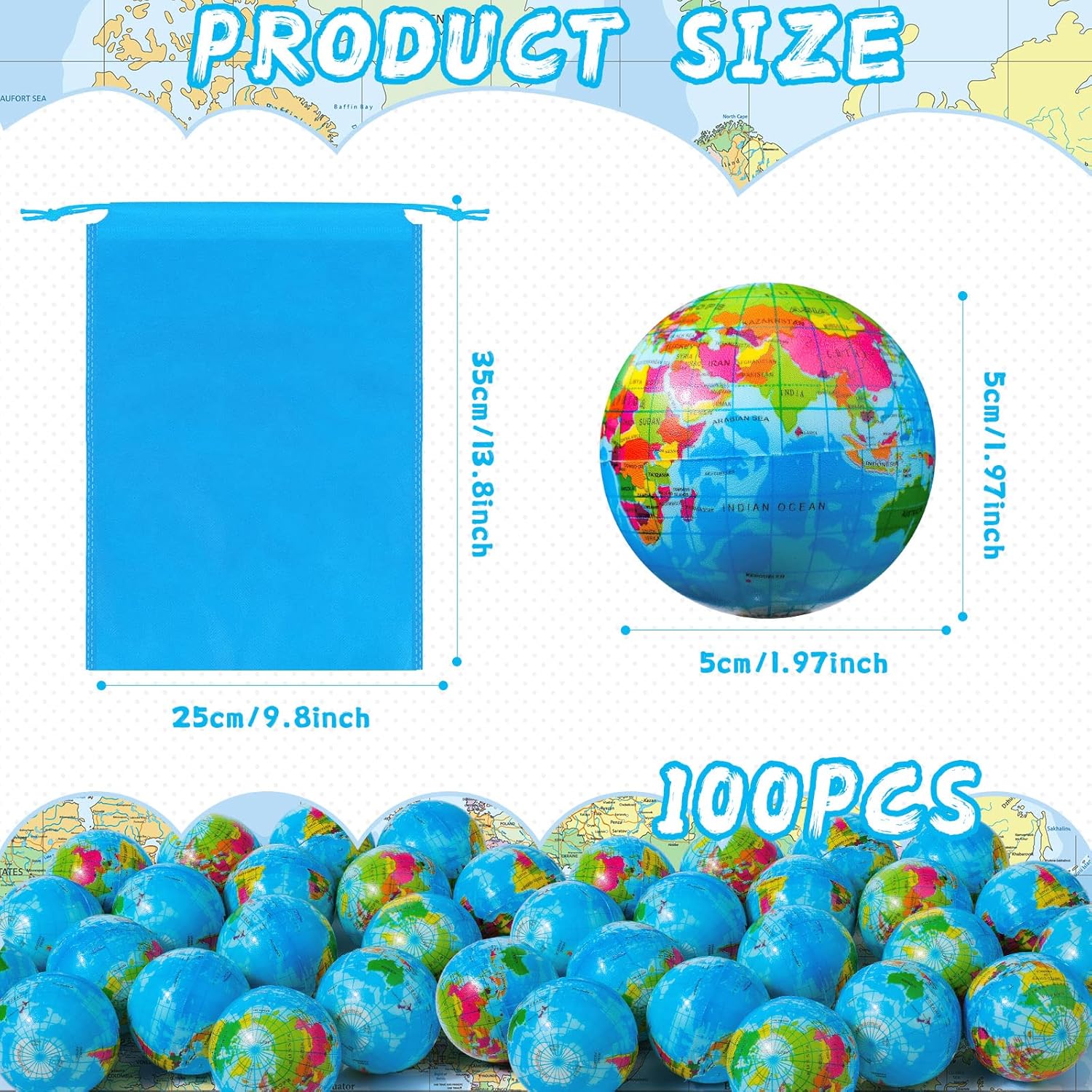 HyDren 100 Pcs Mini Globe Stress Balls Bulk 2 Inch World Earth Day Foam Relief Stress Balls for Finger Exercise Carnival Rewards Party Gift Bags