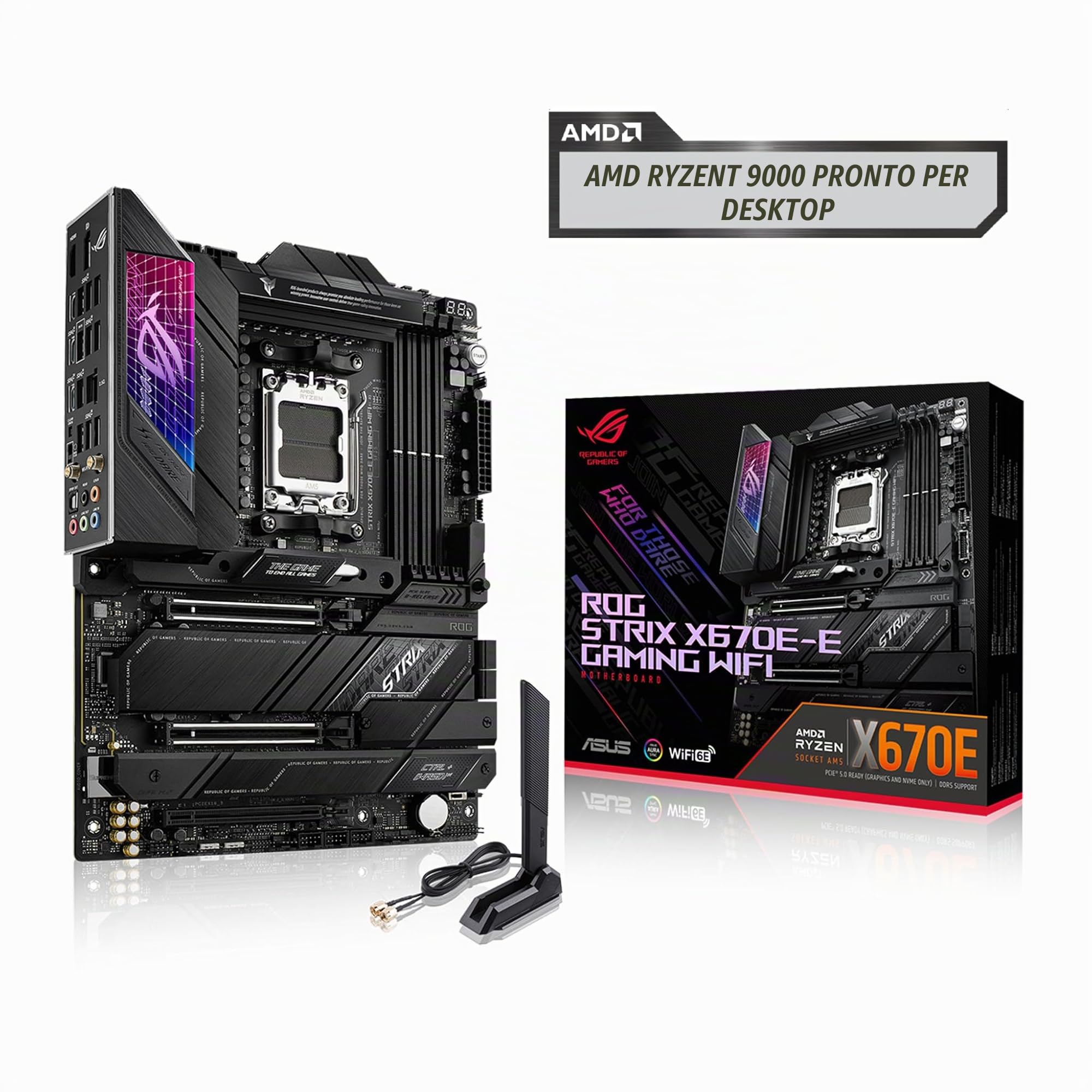 ASUS ROG Strix X670E-E Gaming WiFi 6E Socket AM5(LGA 1718) Ryzen 7000 ATX Gaming Scheda madre (18+2 fasi di alimentazione, PCIe 5.0, DDR, 4xM.2 Slot, USB 3.2 Gen 2x2, WiFi 6E, PCIe Slot Q-Release, M.2