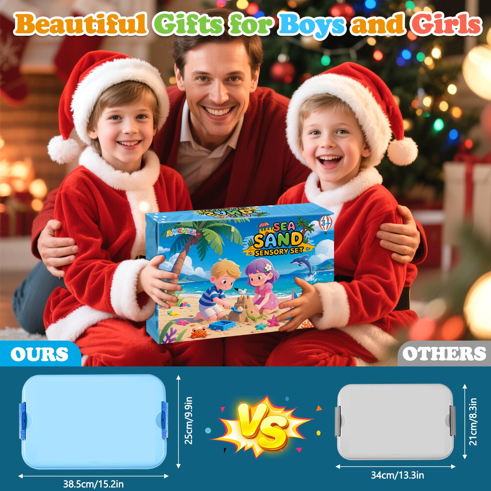 AMCHLEL Sable Magique, Jouets Sensoriels Enfant, Magic Sand avec Moule à Sable et Des Jouets Océaniques, Bac a Sable avec Couvercle, Sable Magique Enfant pour 3+Ans Garçon Fille