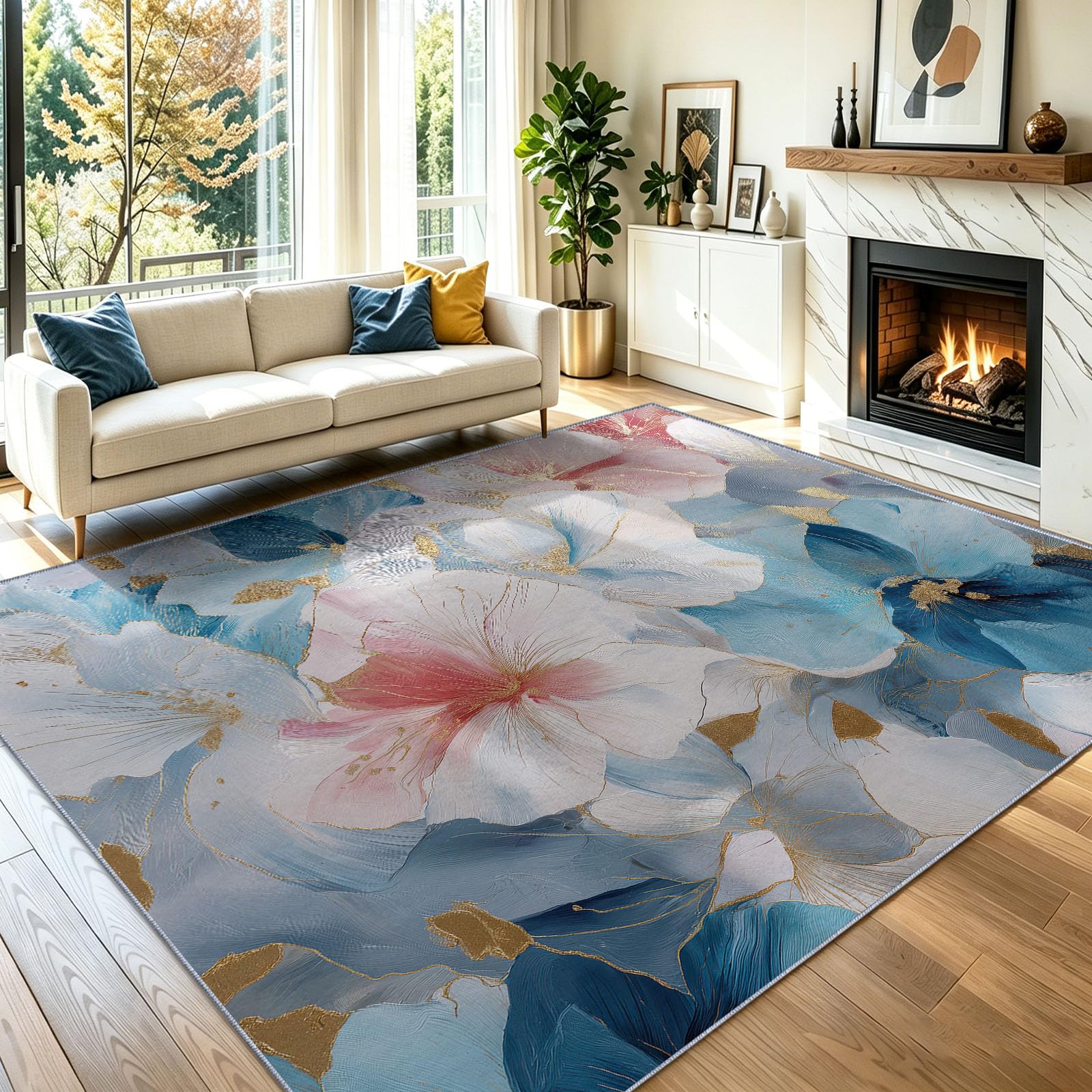 Modern Luxuriös Kinderteppich Aquarell Blumen Blattgold, 180 x 240 cm | waschbar Pflegeleicht rutschfest strapazierfähig hautsympathisch, für Schlafzimmer Wohnzimmer Esszimmer Küchen Büro