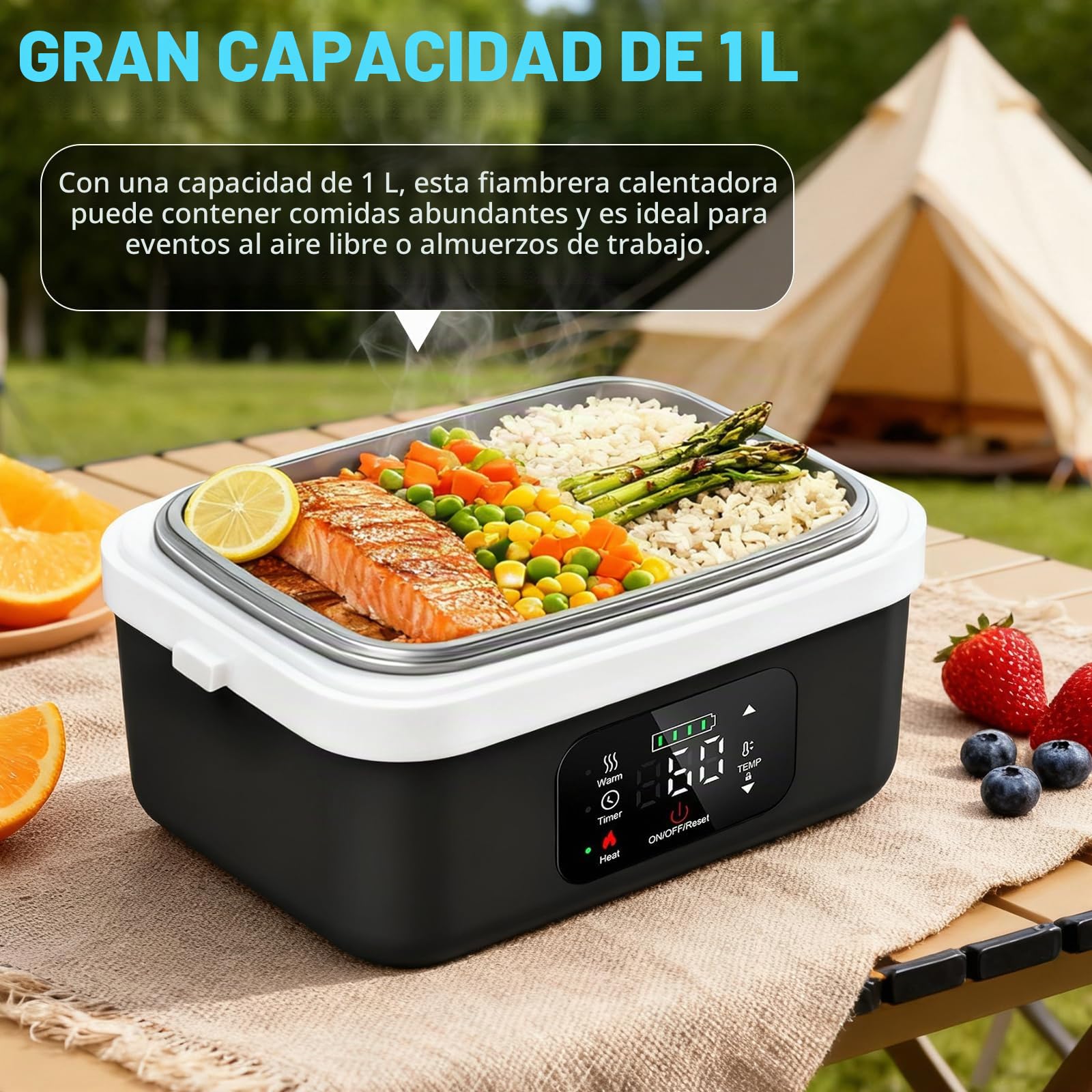Lonchera eléctrica inalámbrica con temporizador y calefacción ajustable | calentador de alimentos portátil de acero inoxidable, fiambreras con calefacción con bolsa aislada para camión, coche