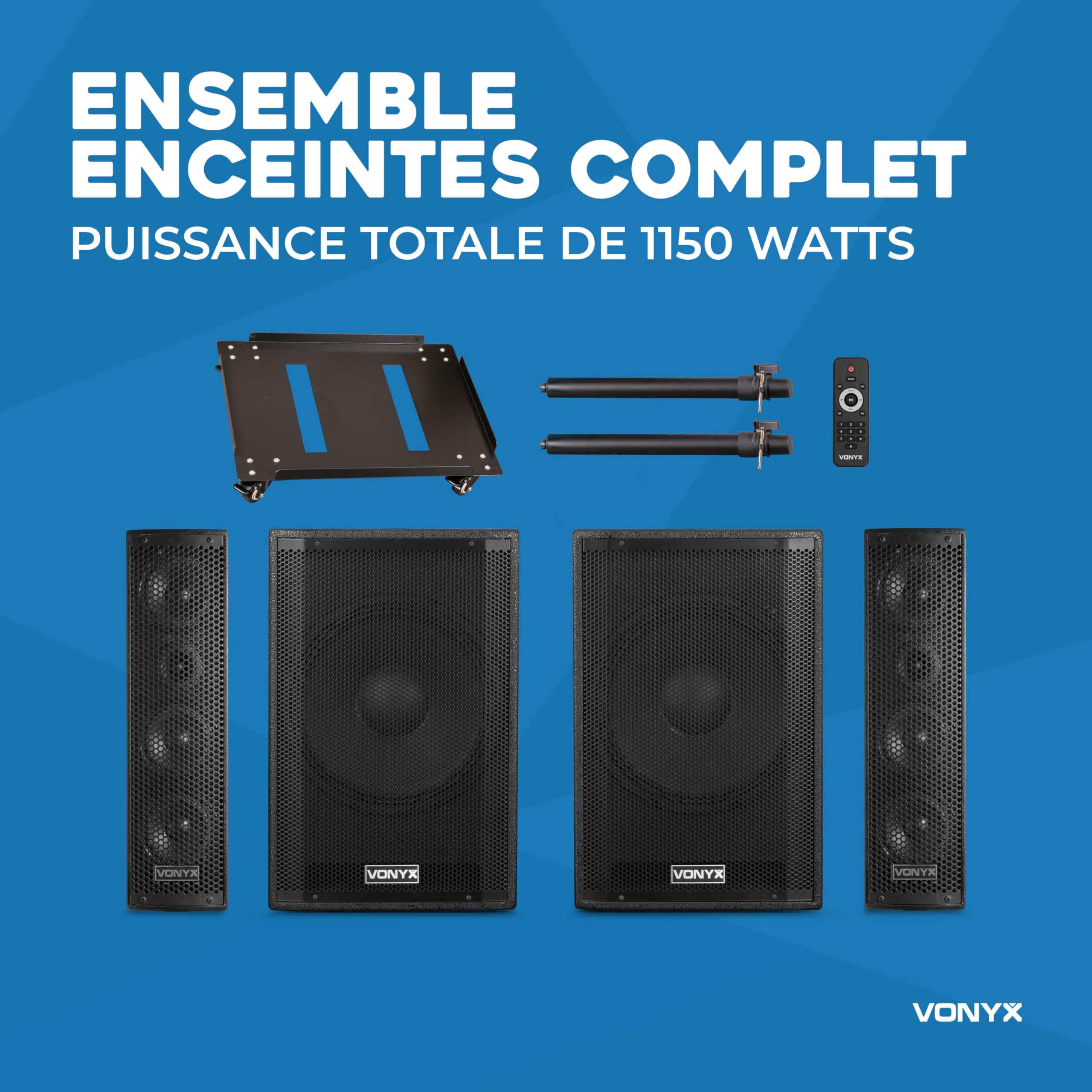 VONYX VX1050BT - Système de Son Triphonique 2.2 avec Micro, Puissance de 1150W, Idéal pour Soirées et Evènements, BT/MP3/SD/USB/AUX, Prêt à l'emploi, se Range Facilement