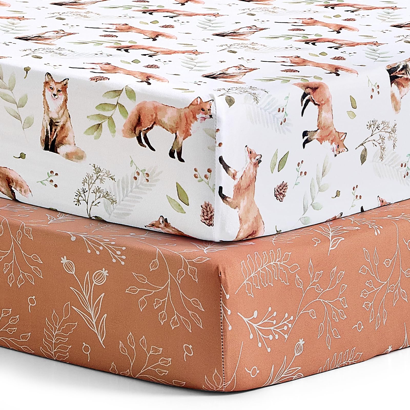 Pack n Play Sheets, BROLEX 2 Pack Mini Crib Sheets,Stretchy Portable Fitted Playard Sheet Set, Convertible Playard Mattress Cover,Ultra Soft Breathable Material,Fox&amp;Foliage