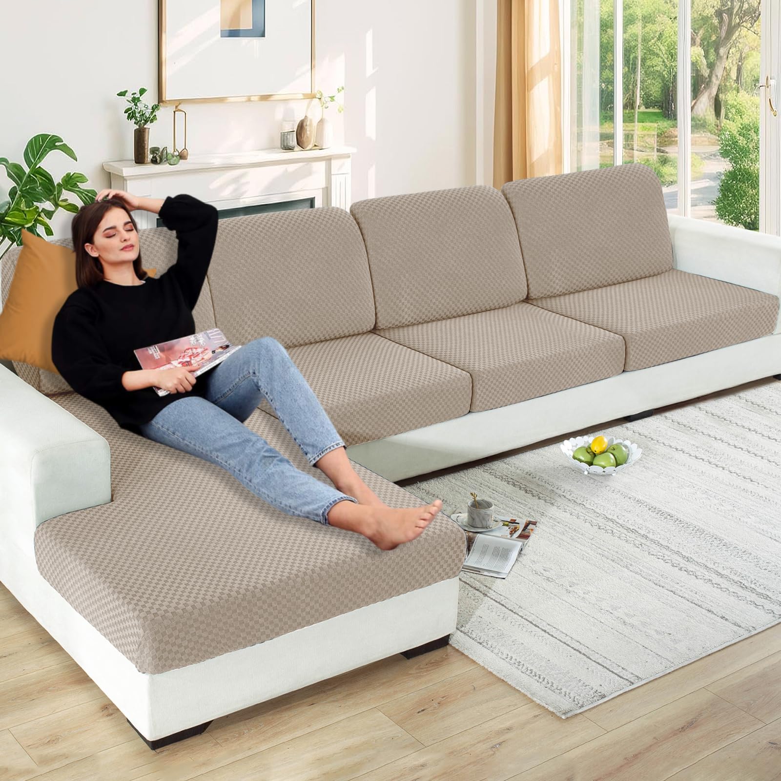 Photo 1 of ?Clearance? Stretch Individual Cushion Covers Large Sofa Seat Cushion Slipcovers Soft Couch Cover Replacement Large Checkered Furniture Protector with Elastic Bottom (3 Pcs XL Cushion Covers, Khaki)