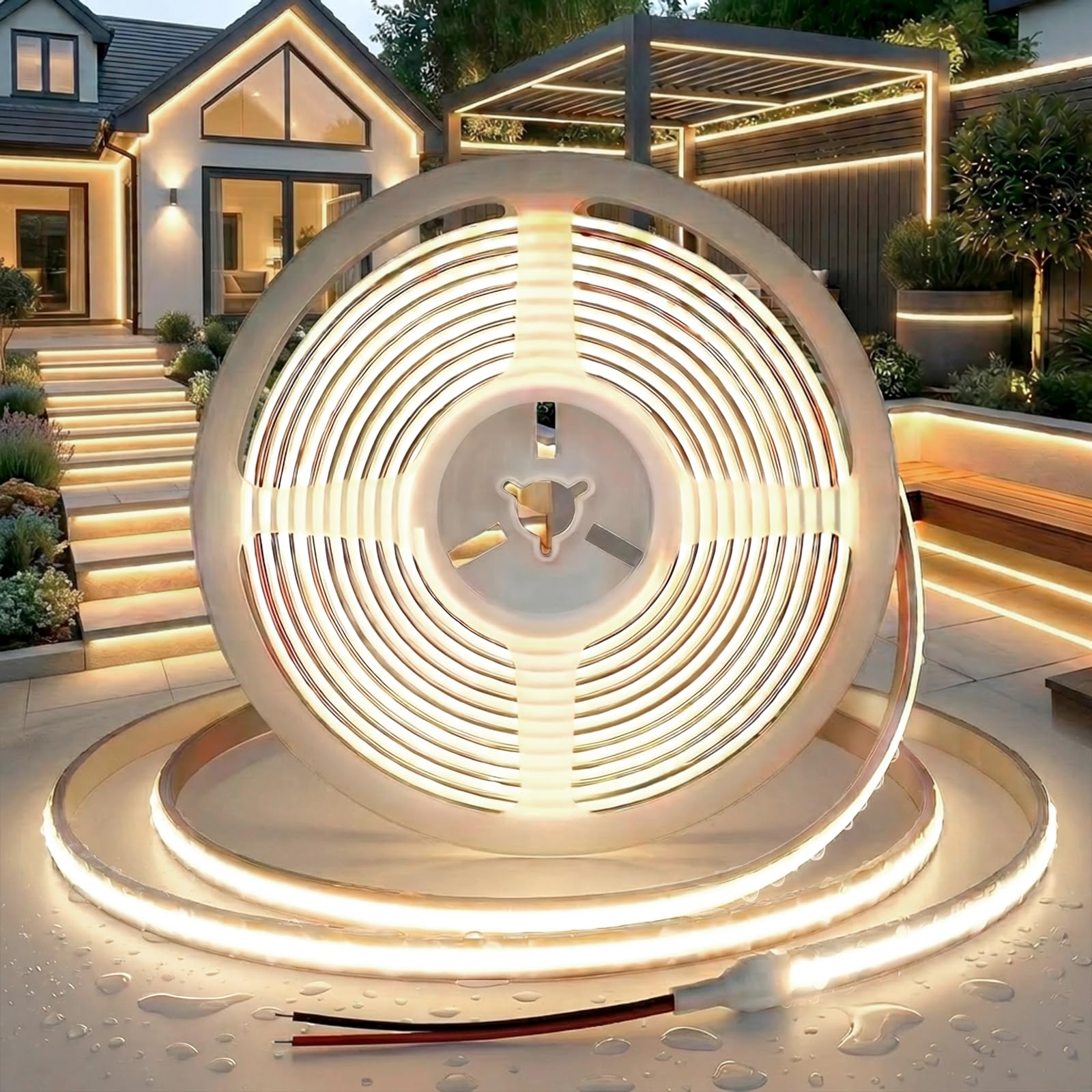 KISBNW 24V COB Strip Light Waterproof IP65, 5M Outdoor LED Strip Lights Natural White 4000K, Dotless Super Bright Tape Light Self-Adhesive Rope Lights for Cabinet Kitchen Indoor Decor(No Power Supply)