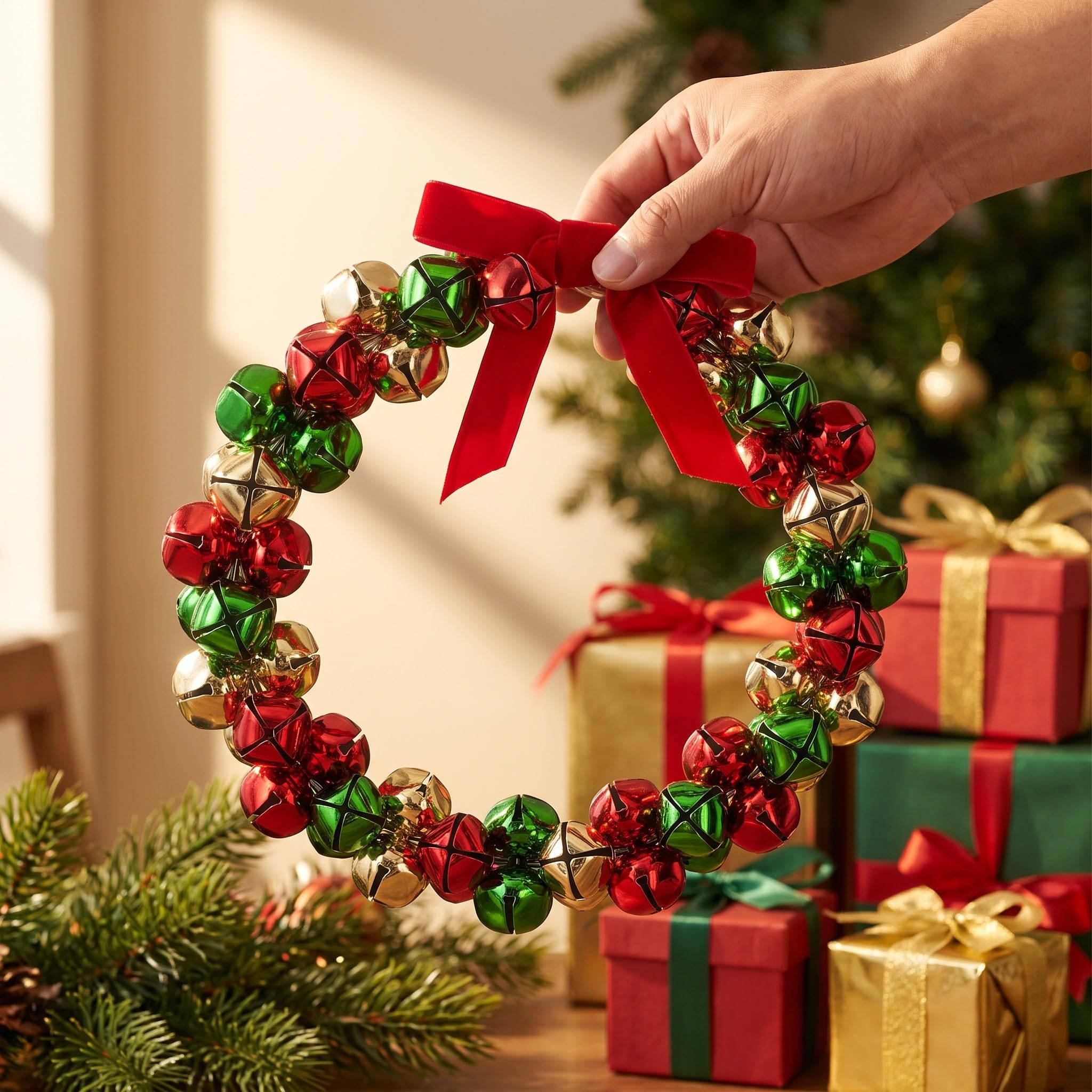 Uonlytech Adorno navideño de Jingle Bells, con Campana Dorada, Verde y