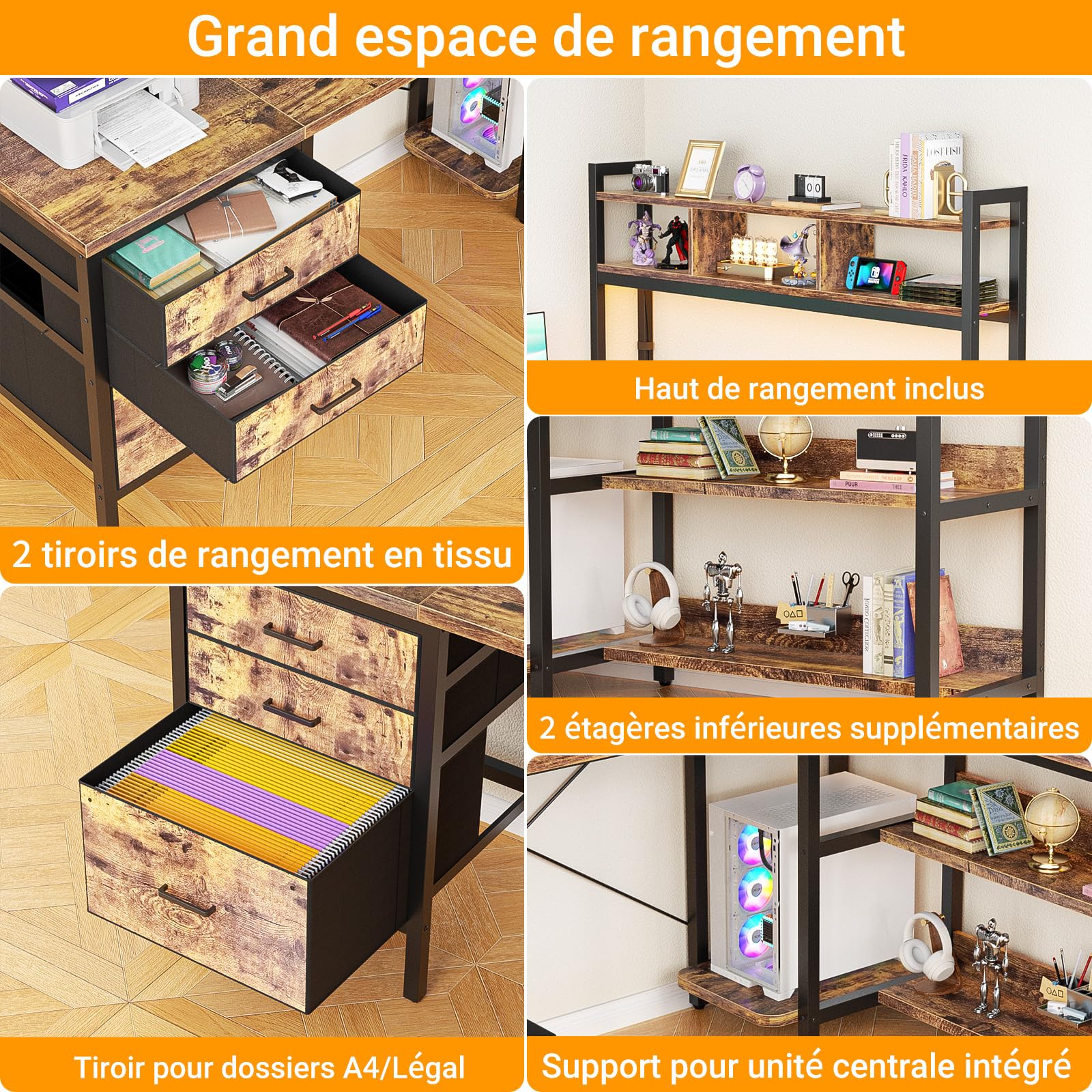 Homieasy Bureau d'angle Gaming 150cm LED, Prises, Tiroirs, Brun Rustique