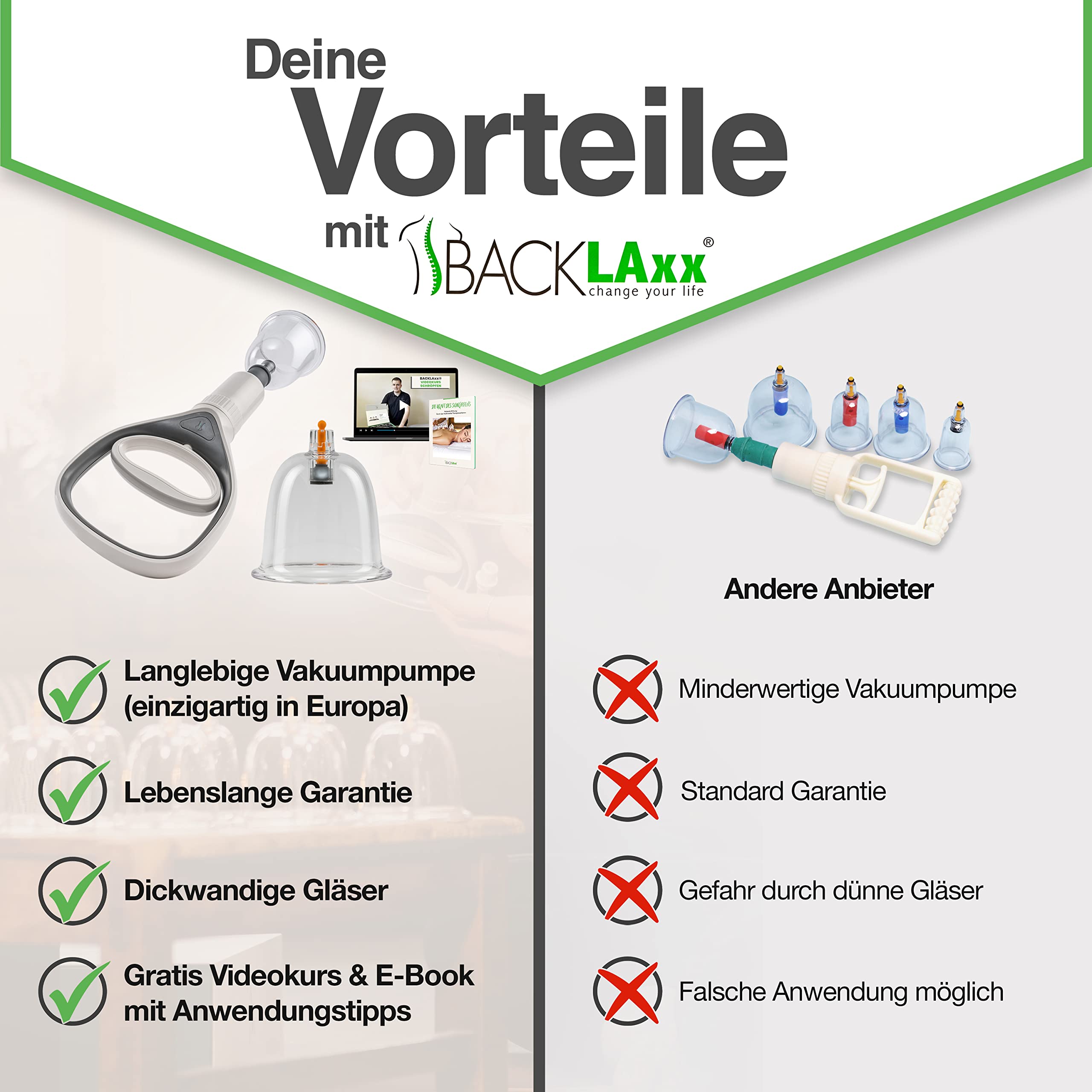 BACKLAXX® Schröpfgläser-Set mit Vakuumpumpe | 12 Stk. | Schröpfset mit Pumpe aus bruchsicherem Schröpfglas (Kunststoff) | Therapiemagneten | Schröpfen-Set inkl.Videokurs & eBook | Cupping Set