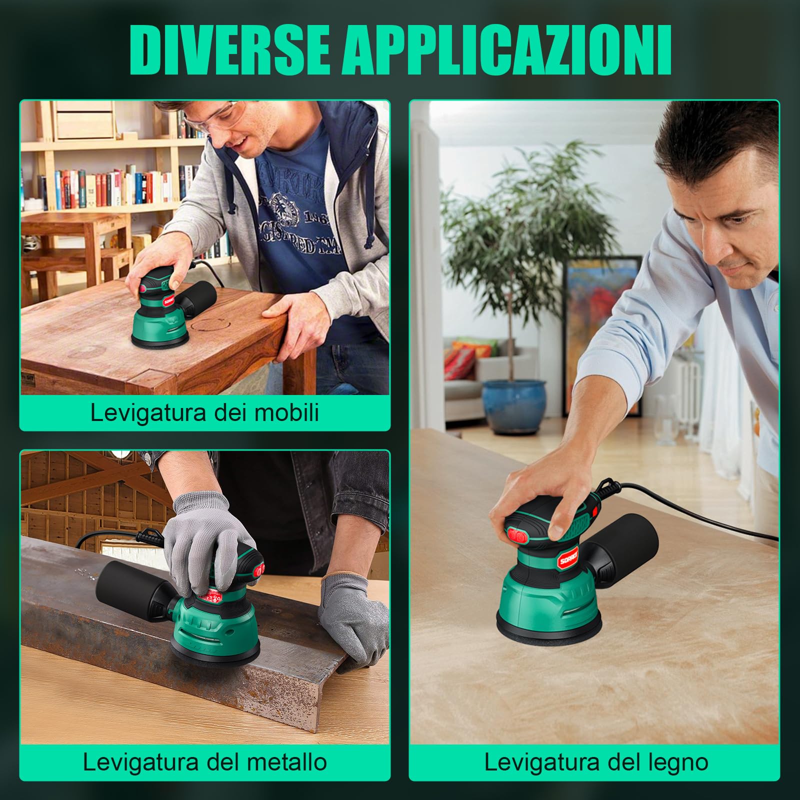 SORAKO Levigatrice Orbitale 350W, 6 Velocità Regolabili, Carta Vetrata 16 pezzi, Levigatrice Elettrica con Raccolta Polvere e Funzione di Frenata Rapida, Adatta per Levigare, Lucidare Legno, fai da te